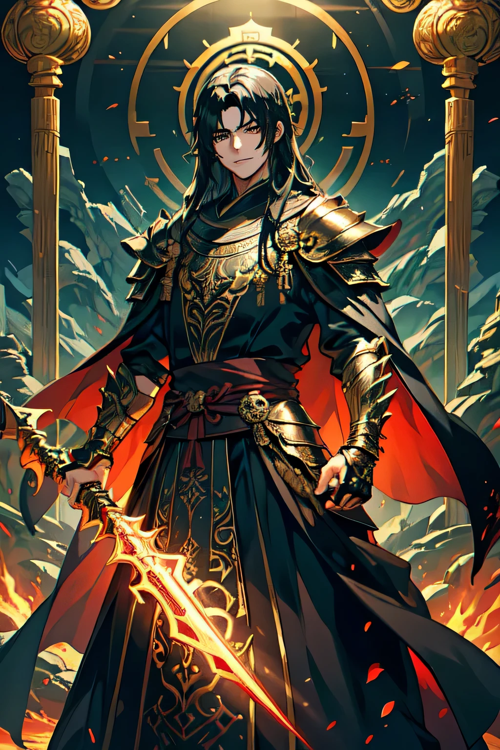 masterpiece, best quality, 8k, Crazy details, intricate details, Super detailed, super quality, high detail, Super detailed, 1 boy, armor, black armor, black fire background,black Cloak, Cloak, shut up, Colored sclera, Silver halo, evil Smile, Ash, fire,Ash色的, fire, dark, Blood, decorate, whole body, Gloves, luminescent, luminescent eyes, holding jewelry, long hair, looking at the audience, male focus, black eyes, shoulder armor, Smile, alone, peak, Permanently installed, teeth, torn Cloak, torn clothes, Transparent Background, arms, black hair, normal hand, 5 fingers on each hand,Chinese clothing,Chinese pattern