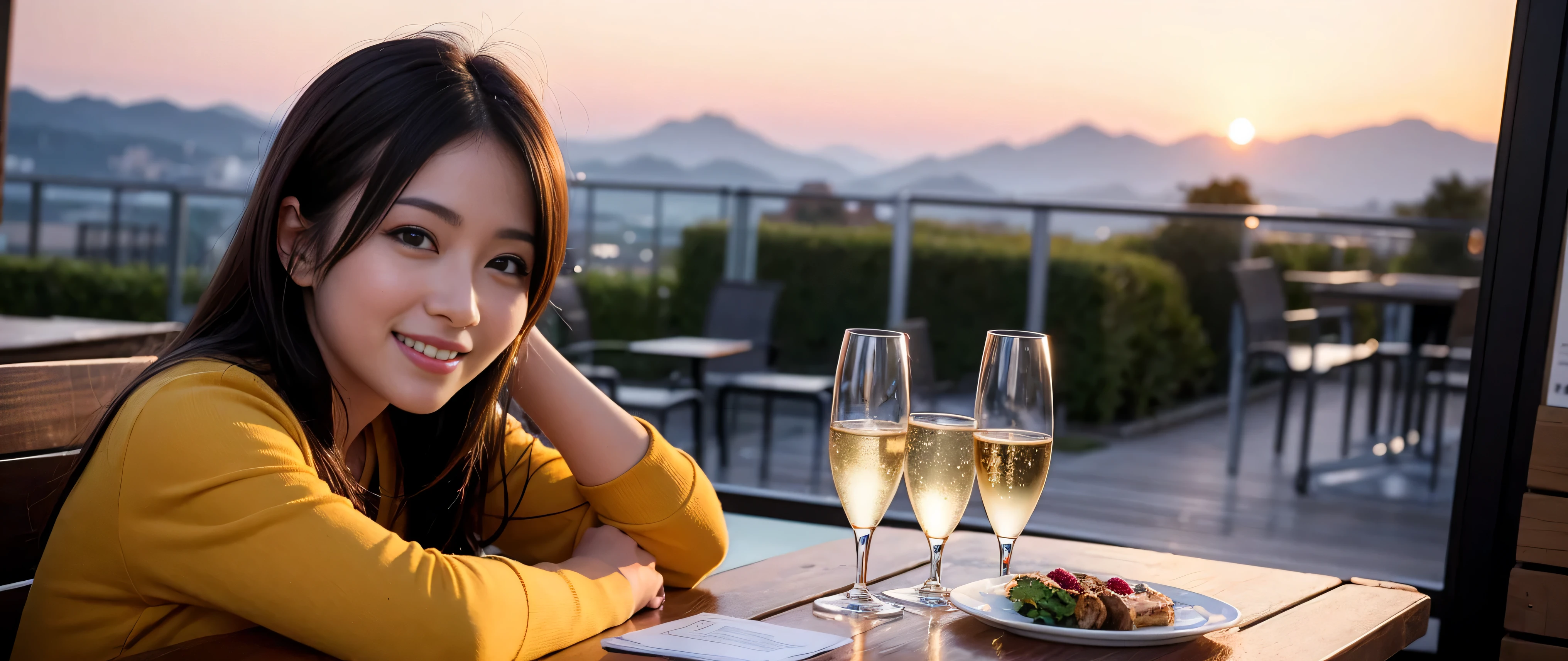 64k, Hmm, highest quality, masterpiece: 1.2), (realistic, photorealistic: 1.37), Spectacular view of the sunset sky and clouds、Amazing mountain views、Japanese sake、Sake Glass、3 slim beauties, (slim face),Happy、 the best smile、Fox face、Berry Short、(because I'thin), (brown hair), (shortcut), long sleeve shirt、winter fashion、Colombian、Brazilian、Japanese、Dutch、German、Portuguese、Belgian、Italian、French,Champagne、sparkling wine、 (squirt), (slim body), (brown hair), (shortcut), neat beauty、cheeks turn a little red, (35 years old), 38 years old, alone, A beautiful and detailed night view spreads out outside the window....., restaurant, wine glass is sitting, At night, in a prominent place (from the Upper body) nova frog style, actress, model, Upper body, White wine, slim, wine glass, Very beautiful night view, wine glass Put in the Middle, Happy smile, (smile: 1.15),