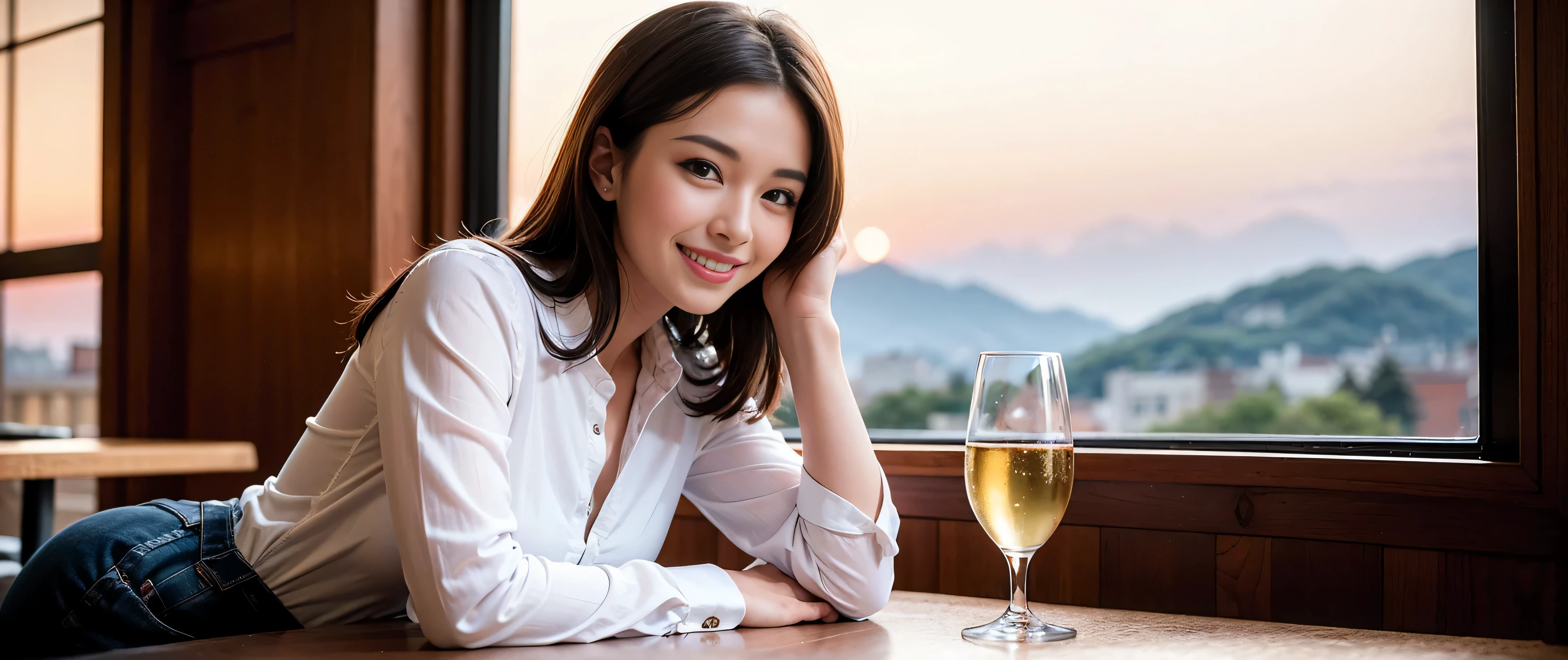 64k, Hmm, highest quality, masterpiece: 1.2), (realistic, photorealistic: 1.37), Spectacular view of the sunset sky and clouds、Amazing mountain views、Japanese sake、Sake Glass、3 slim beauties, (slim face),Happy、 the best smile、Fox face、Berry Short、(because I'thin), (brown hair), (shortcut), long sleeve shirt、winter fashion、Colombian、Brazilian、Japanese、Dutch、German、Portuguese、Belgian、Italian、French,Champagne、sparkling wine、 (squirt), (slim body), (brown hair), (shortcut), neat beauty、cheeks turn a little red, (35 years old), 38 years old, alone, A beautiful and detailed night view spreads out outside the window....., restaurant, wine glass is sitting, At night, in a prominent place (from the Upper body) nova frog style, actress, model, Upper body, White wine, slim, wine glass, Very beautiful night view, wine glass Put in the Middle, Happy smile, (smile: 1.15),