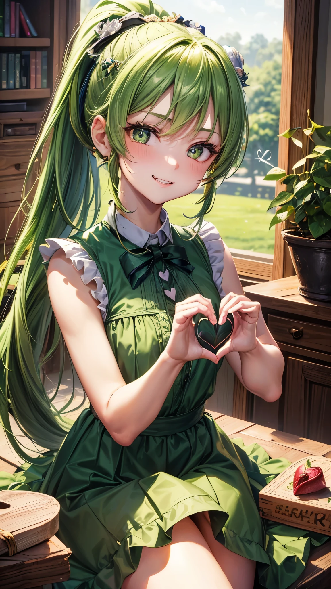 perfect anatomy, masterpiece:1.2, best quality, 8k, beautiful detailed grow, daydreaming expression, (((heart in hands))) close-up face (a ponytail green hair long hair cute girl, , love smile), ((ultra-cute heart-shaped pupils eyes)), in a cute green rose dress, long skirt, in the enchanted room.