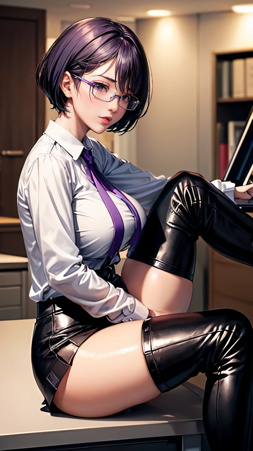 purple short hair　Glasses　white collared blouse　black tight skirt　stockings　(Strap ID Card)　50 years old　赤いルージュのPlumpとした唇　round face　Plump　(eye contact)　((Kinky mature woman sitting at the computer desk in the office, lifts her legs and presses her steamy 唯一s against my face.))　beautiful 唯一s of feet　toes　Sweaty erotic body　((enamel black knee high boots))　Photographed from a low angle　masterpiece　8k Depicted from a low perspective as if seen from directly below　((Kinky MILF is trying to trample me with her patent booted feet))　(Stick out your tongue and drool a lot))　