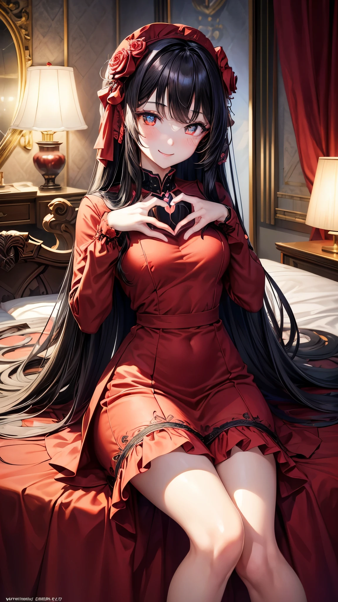 perfect anatomy, masterpiece:1.2, best quality, 8k, beautiful detailed grow, daydreaming expression, (((heart in hands))) close-up face (a straight black hair long hair femdom cute girl, 17 yo, love smile), ((ultra-cute heart-shaped pupils eyes)), in a cute red rose dress, long skirt, in the enchanted room.