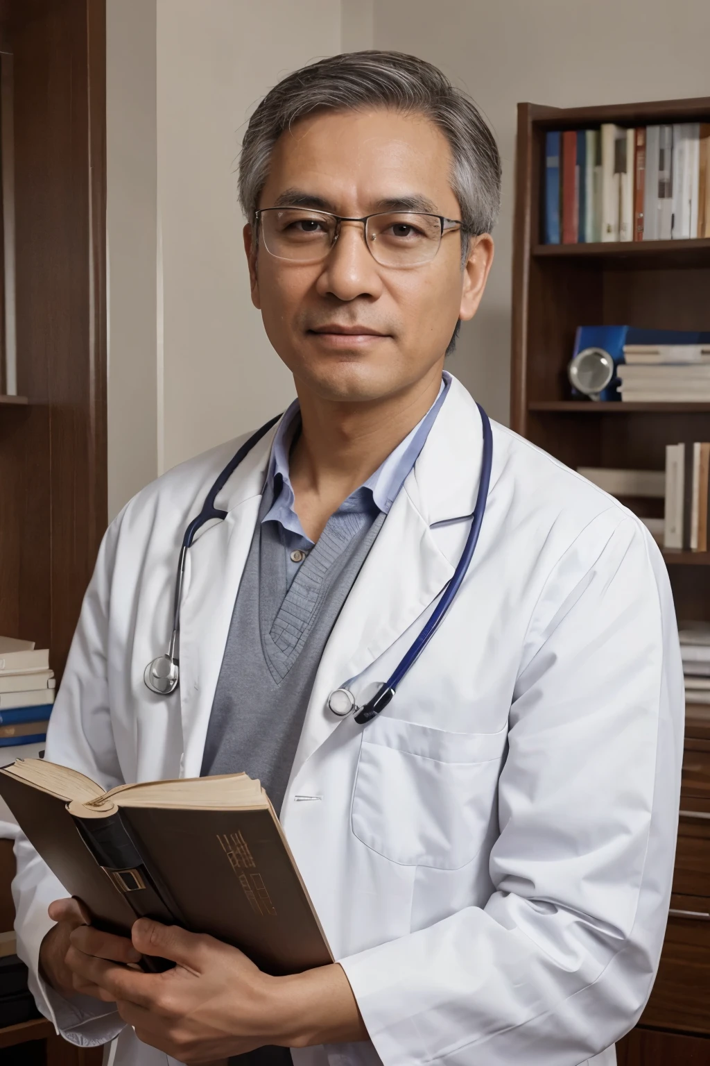 Image quality 10k, frame size 9:16, straight portrait, male doctor wearing white doctor's coat, Asian, gentle face, 50 years old, gray hair, glasses, stethoscope on shirt, Behind is a shelf containing many books