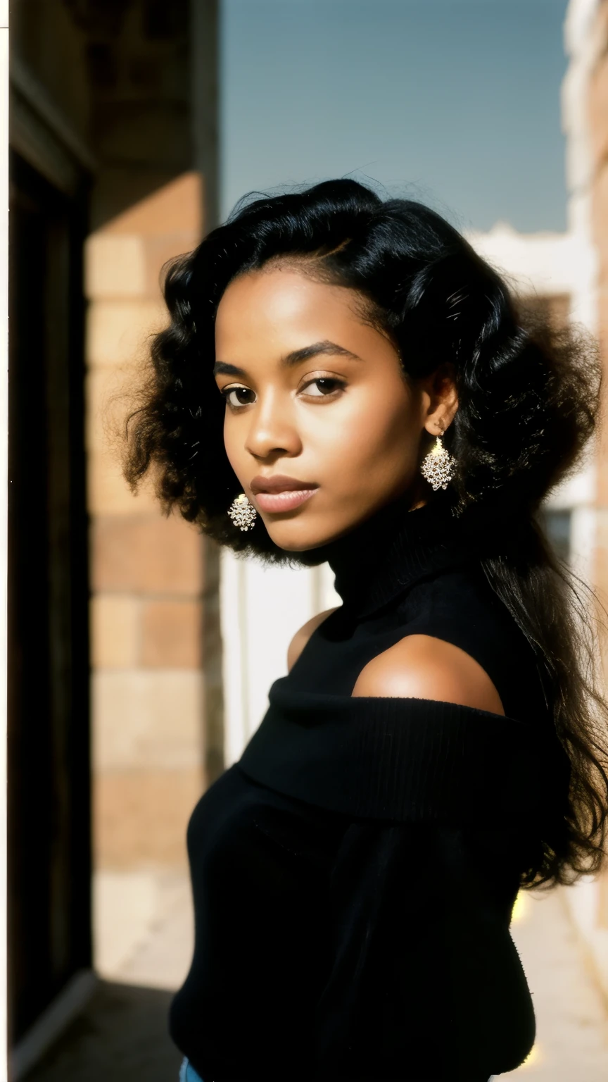 pinhole photography photo&#39;une belle jeune femme noire, wide eyes, off-the-shoulder sweater with high-waisted corduroy pants, photo du visage, under reflected lighting, angle hollandais, shot with a Velvia 100, Elle d'origine de l'afrique de l'ouest, Senegal 