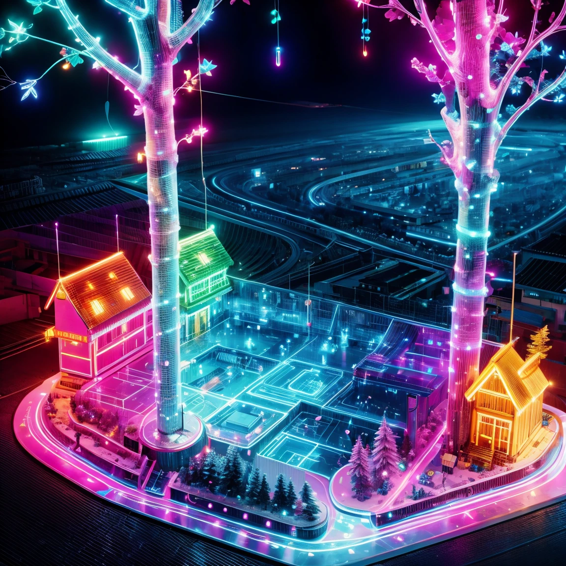 Village illuminated by neon lights,glowing animals and plants,Houses are circuit boards,Street lamps flow with liquid light,((Aerial viewing angle:1.5))