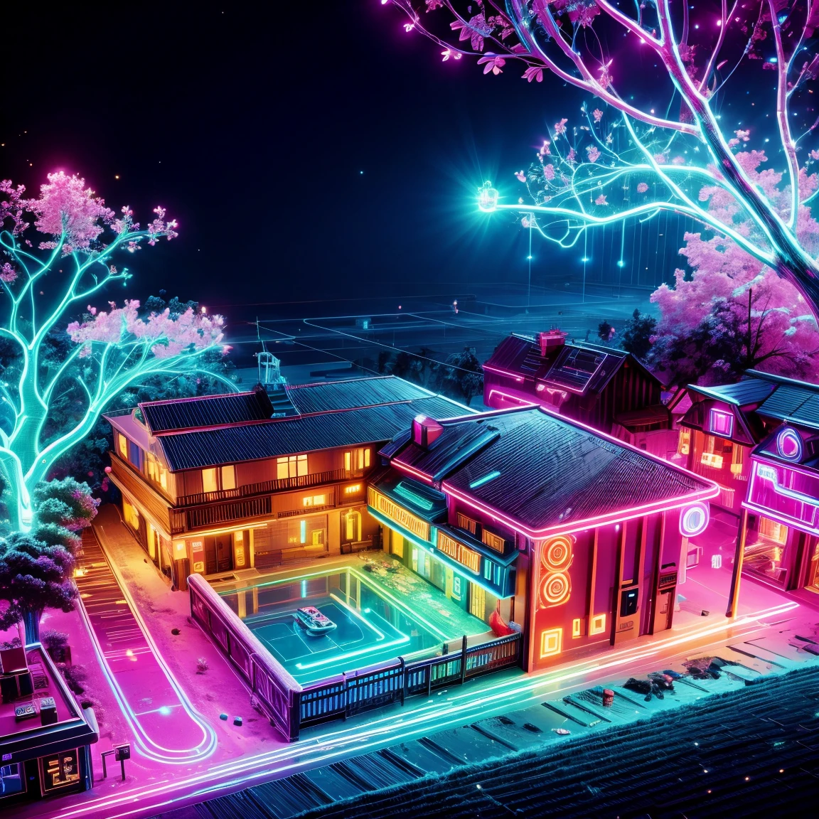 Village illuminated by neon lights，glowing animals and plants，Houses are circuit boards，Street lamps flow with liquid light，((Aerial viewing angle:1.5))