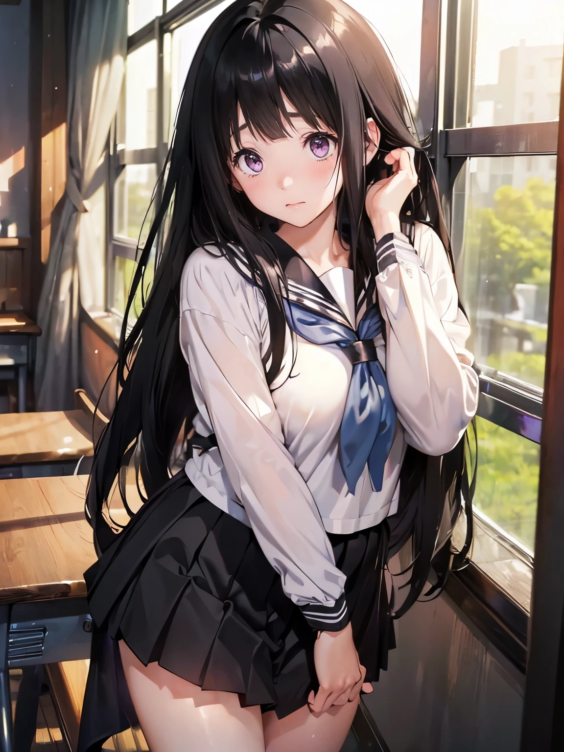 (((Masterpiece))), (very high resolution), (solo:1.3), sharp focus,detailed, High resolution,anatomically correct, fascinating face、Eru Chitanda、(black hair:1.3)、long hair、straight hair、bangs bangs、(shy:1.6)、(blush:1.4)、((troubled face))、(classroom)、sailor suit、uniform、black skirt、cowboy shot、big breasts、Slender、looking back