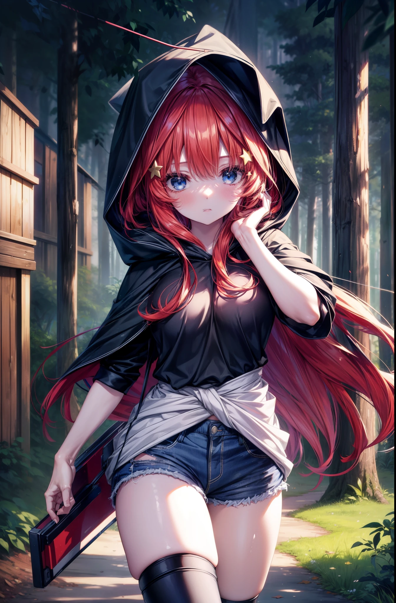 itsukinakano, Itsuki Nakano, bangs, blue eyes, hair between eyes, put the back hair in the hood,redhead, star \(symbol\), hair ornaments, star hair ornaments,hood up,carry a bow on one's shoulders,Wear a box containing arrows on your waist, asymmetrical clothes, boots, cloak,gloves, red Thighhighs, high heels, shorts, Thighhighs,So that the whole body goes into the illustration,walking,
break outdoors, forest,forest林, (cowboy shot:1. 5)
break (masterpiece:1.2), highest quality, High resolution, unity 8k wallpaper, (figure:0.8), (detailed and beautiful eyes:1.6), highly detailed face, perfect lighting, Very detailed CG, (perfect hands, perfect anatomy),