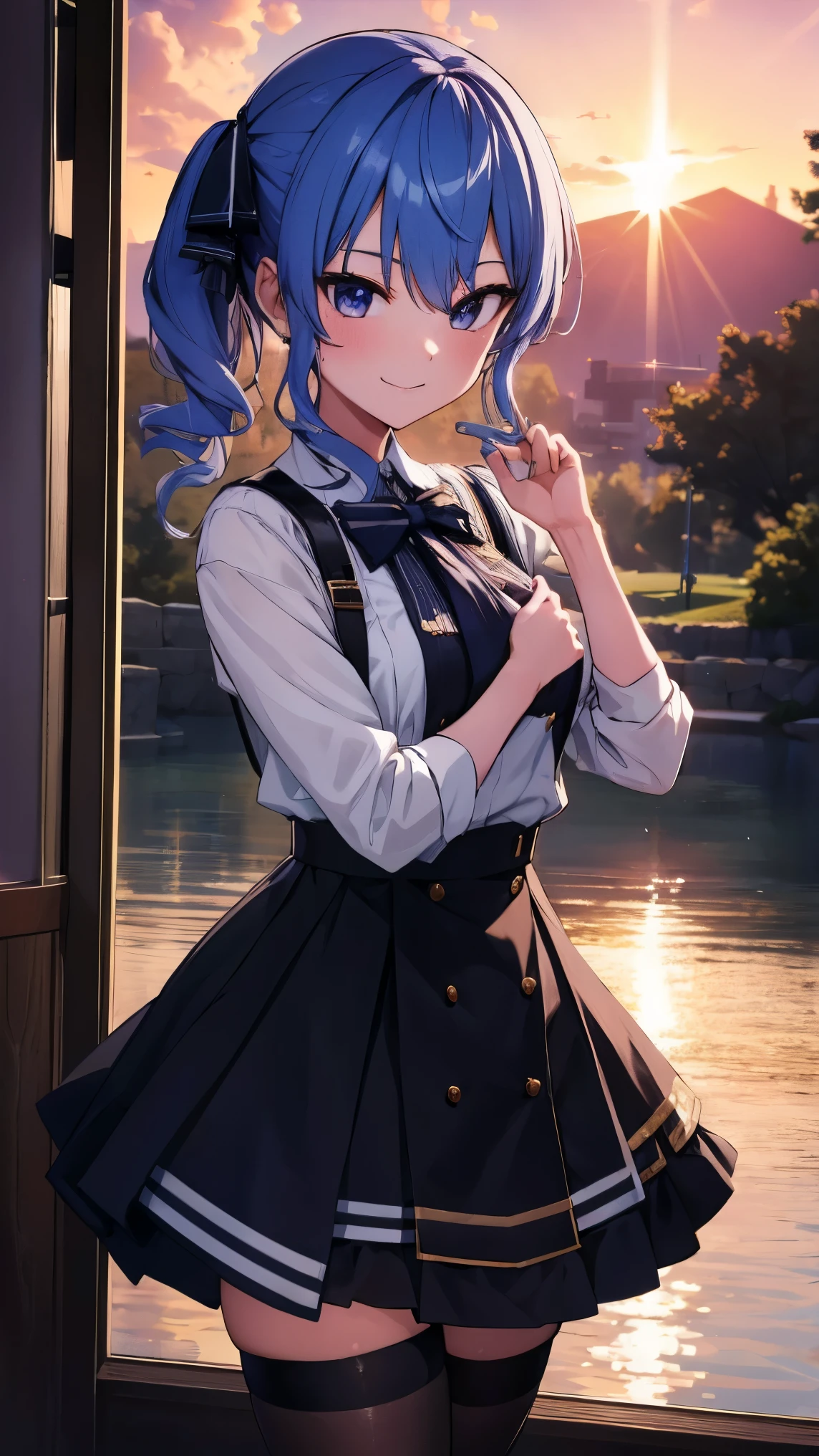 Hololive_hoshimachi suisei_fantasy_black stockings_shortcut_Idol_raw stone star_star star_a handsome guy_delivery_Virtual YouTuber_smile_date_Cafe_move_thank you_bless_thank you_take a pose_uniform_high school girl_student_beautiful feet_shiny_highest quality_masterpiece_medium hair_髪型はshortcut_beautiful_lake畔_lake_nature_sexy_phonjun_Bewitching_fascinating_evening_sunset_8K quality