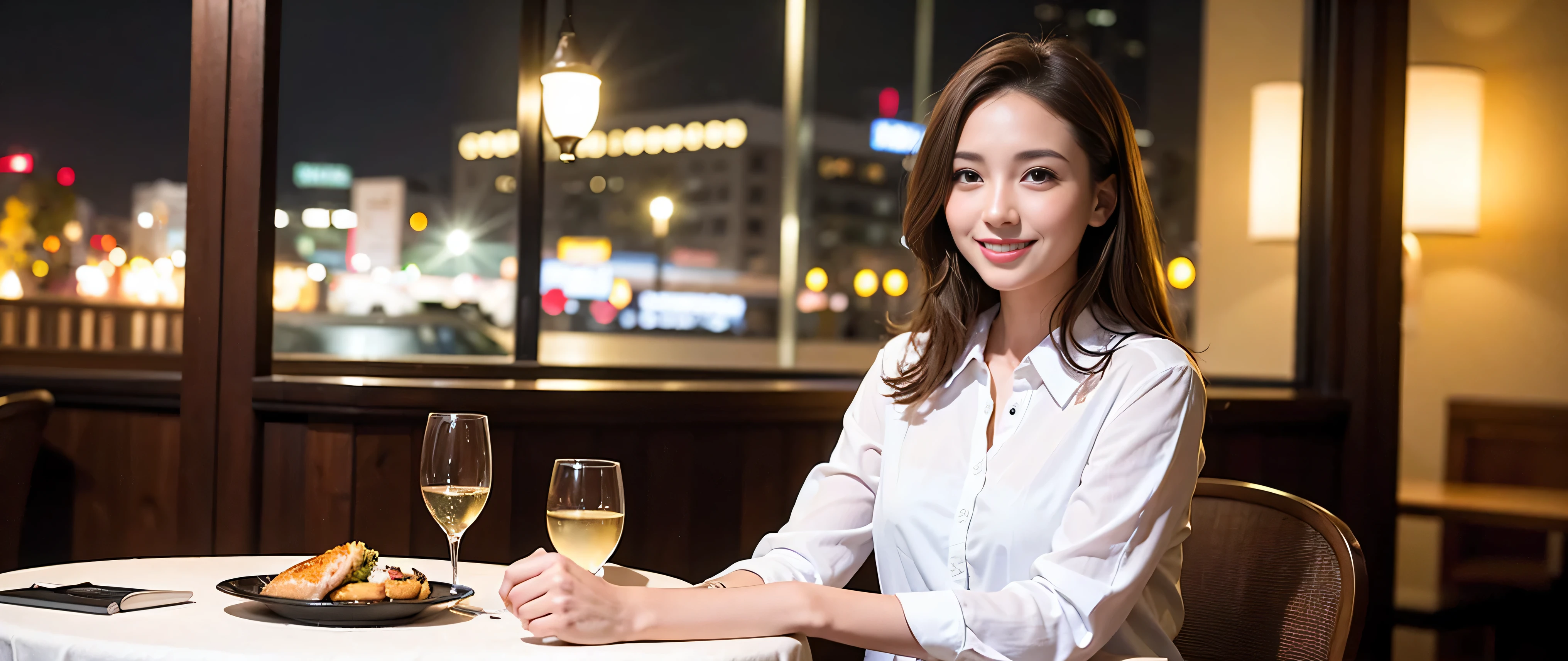 64k, Hmm, highest quality, masterpiece: 1.2), (realistic, photorealistic: 1.37), Super detailed, 3 slim beauties, (slim face),Happy、 the best smile、Fox face、Berry Short、(because I&#39;thin), (brown hair), (shortcut), long sleeve shirt、winter fashion、Colombian、Brazilian、Japanese、Dutch、German、Portuguese、Belgian、Italian、French,Champagne、sparkling wine、 (squirt), (slim body), (brown hair), (shortcut), neat beauty、cheeks turn a little red, (35 years old), 38 years old, alone, A beautiful and detailed night view spreads out outside the window....., restaurant, wine glass is sitting, At night, in a prominent place (from the Upper body) nova frog style, actress, model, Upper body, White wine, slim, wine glass, Very beautiful night view, wine glass Put in the Middle, Happy smile, (smile: 1.15), 