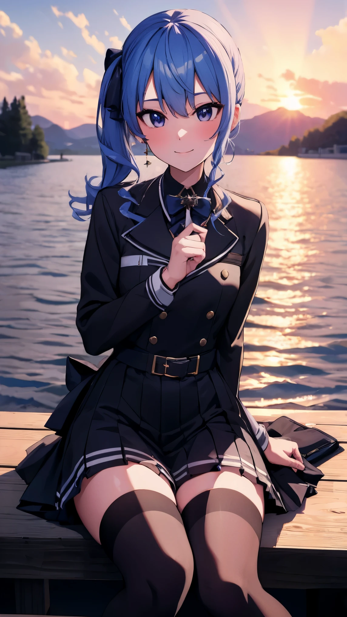 Hololive_hoshimachi suisei_fantasy_black stockings_shortcut_Idol_raw stone star_star star_a handsome guy_delivery_Virtual YouTuber_smile_date_Cafe_move_thank you_bless_thank you_take a pose_uniform_high school girl_student_beautiful feet_shiny_highest quality_masterpiece_medium hair_髪型はshortcut_beautiful_lake畔_lake_nature_sexy_phonjun_Bewitching_fascinating_evening_sunset_8K quality