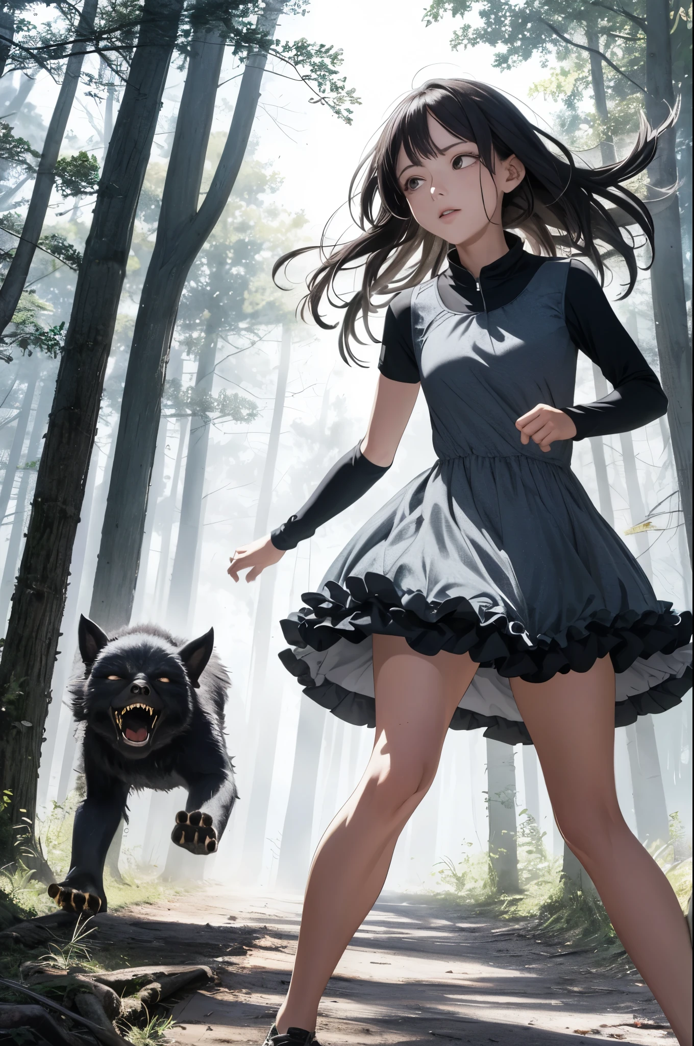 1woman, running woman, running to the viewer, (sleeping dress, night dress), scared face expression, victim, opened eyes, dark night forest background, ((chasing, monster after girl, animal))
