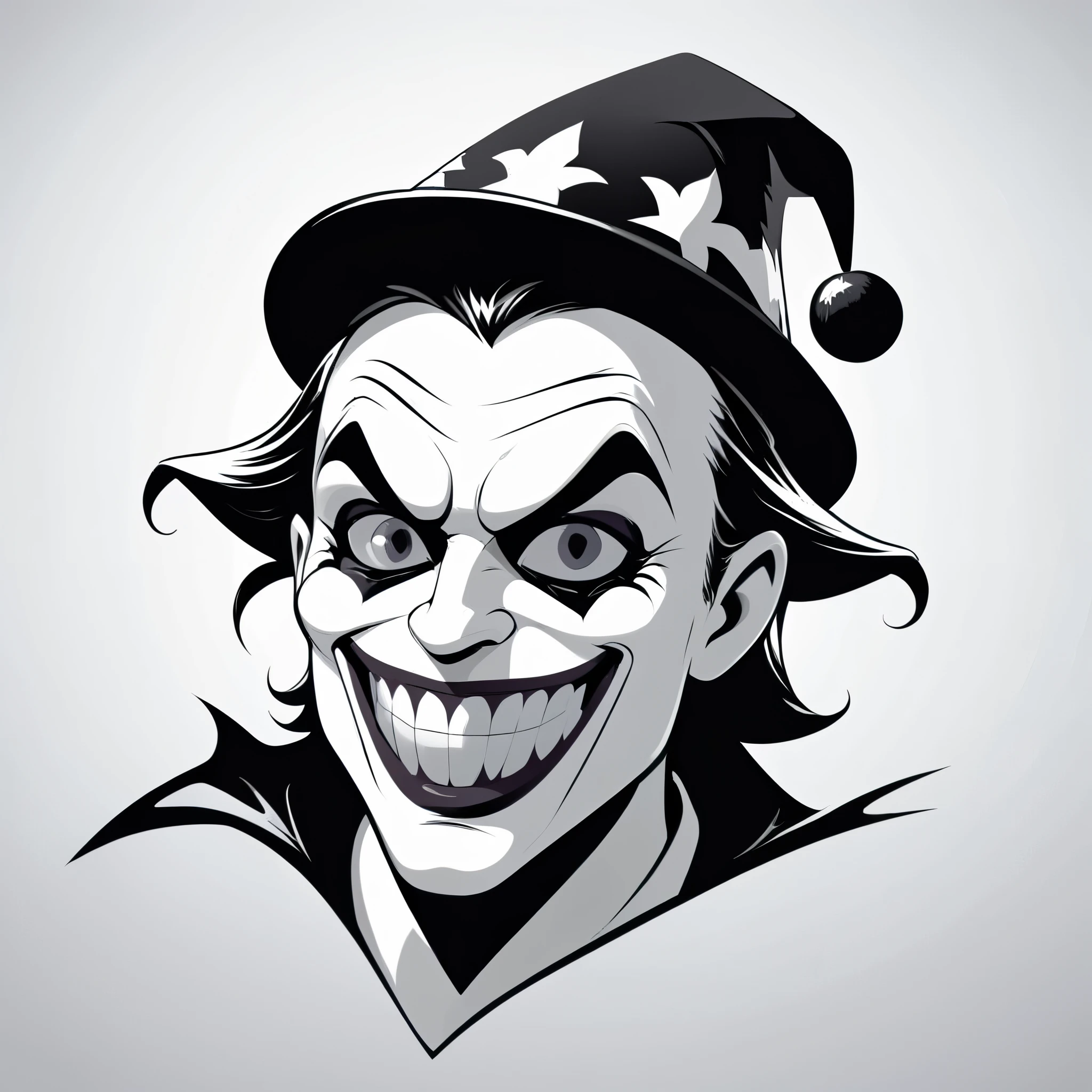 Joker angry jester in cap black silhouette vector image, minimum color, 8k thick outlined, white background,