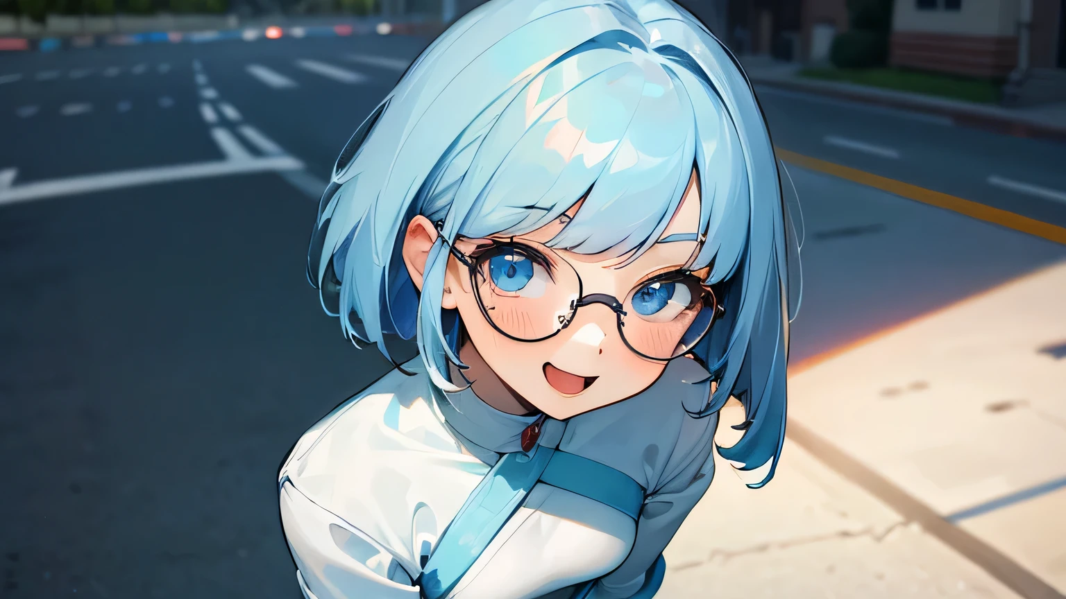 (masterpiece:1.3), (highest quality:1.3), High resolution,
cooboy shot,
leaning forward,
(1 cute girl:1.3), alone,
white skin, small breasts, eight-headed person,
light blue hair, (bob hair:1.2), (short hair:1.2), (dull bangs:1.2), beautiful hair, blue eyes, fine and beautiful eyes,
blush, open your mouth, heart, cheerful smile,
suit,
outdoors, busy street, sports car,
shadow lighting, Glasses, smug face