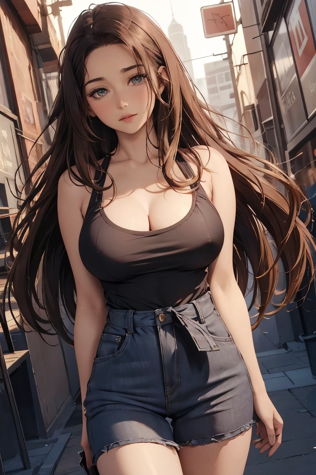 (masterpiece, best quality, detailed illustration, high resolution), ((1girl, solo)), ((huge breasts, slim waist, long legs, fit body, toned body)), ((brunette hair)), ((casual clothes)), ((full body, closeup view)), ((standing)), ((looking at the viewer, facing the viewer)), office setting, ((fair skin)), oiled skin, ((large breasts, mature woman, mature female, mature lady)), ((straight hair)), (detailed eyes), ((standing))