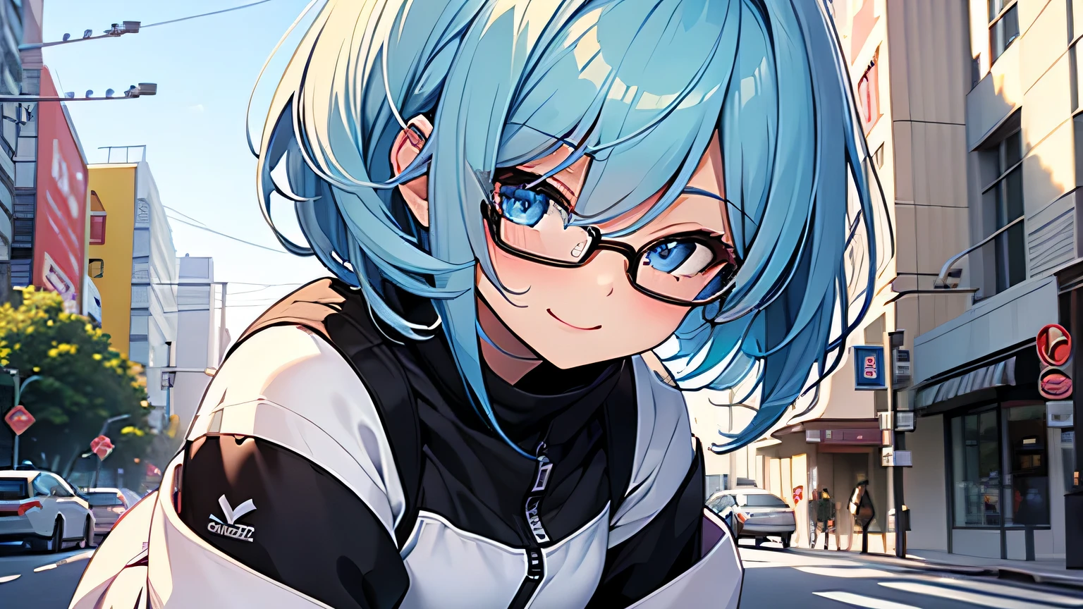 (masterpiece:1.3), (highest quality:1.3), High resolution, cooboy shot, leaning forward, (1 cute girl:1.3), alone, white skin, small breasts, eight-headed person, light blue hair, (bob hair:1.2), (short hair:1.2), (dull bangs:1.2), beautiful hair, blue eyes, thin and beautiful eyes, blush, open your mouth, heart, cheerful smile, suit, outdoors, busy street, sports car, shadow lighting, Glasses, smug face
