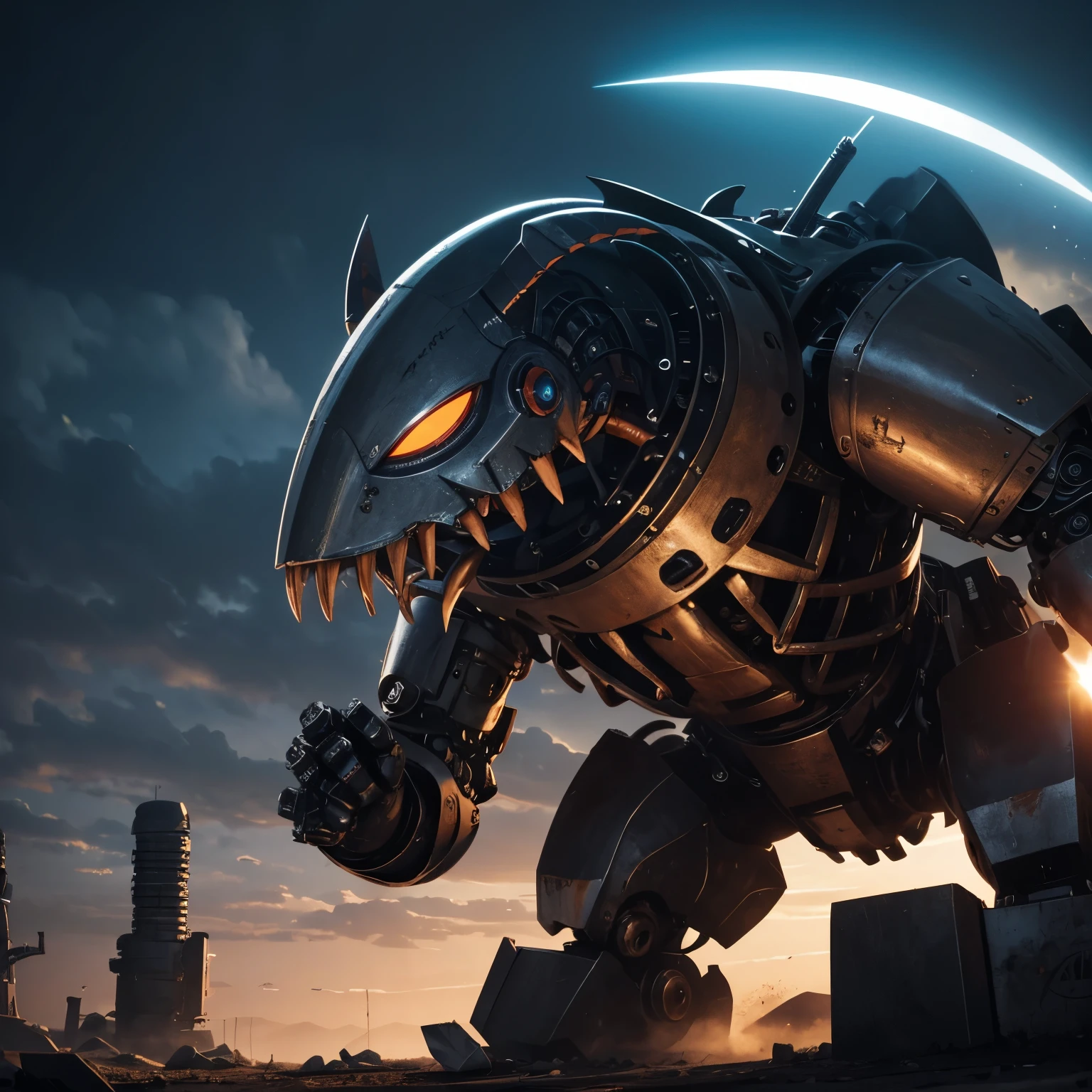 A funny looking moster which looks like a robot eating metal things