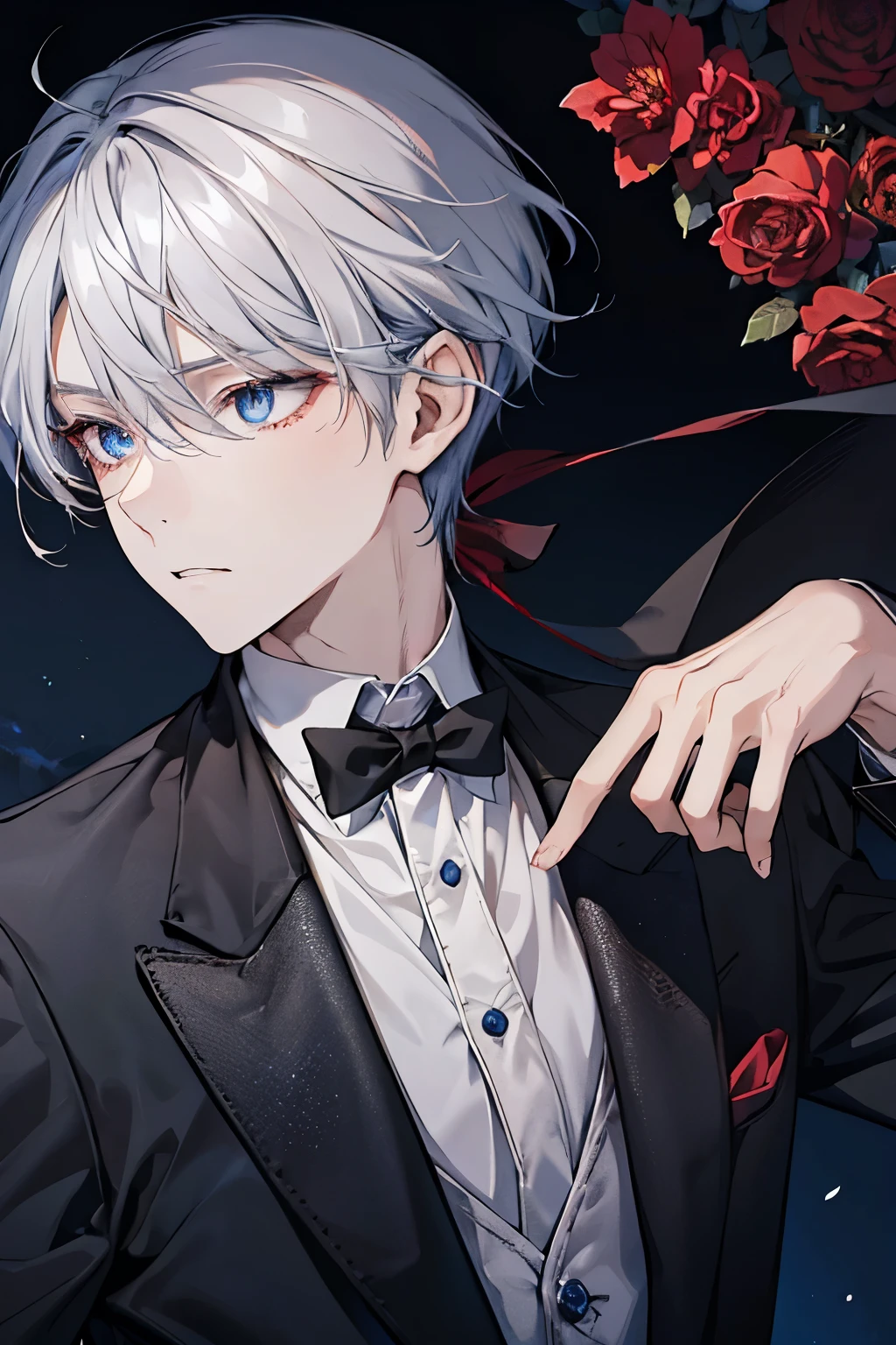 1 male gray hair black and red formal suit, blue eyes