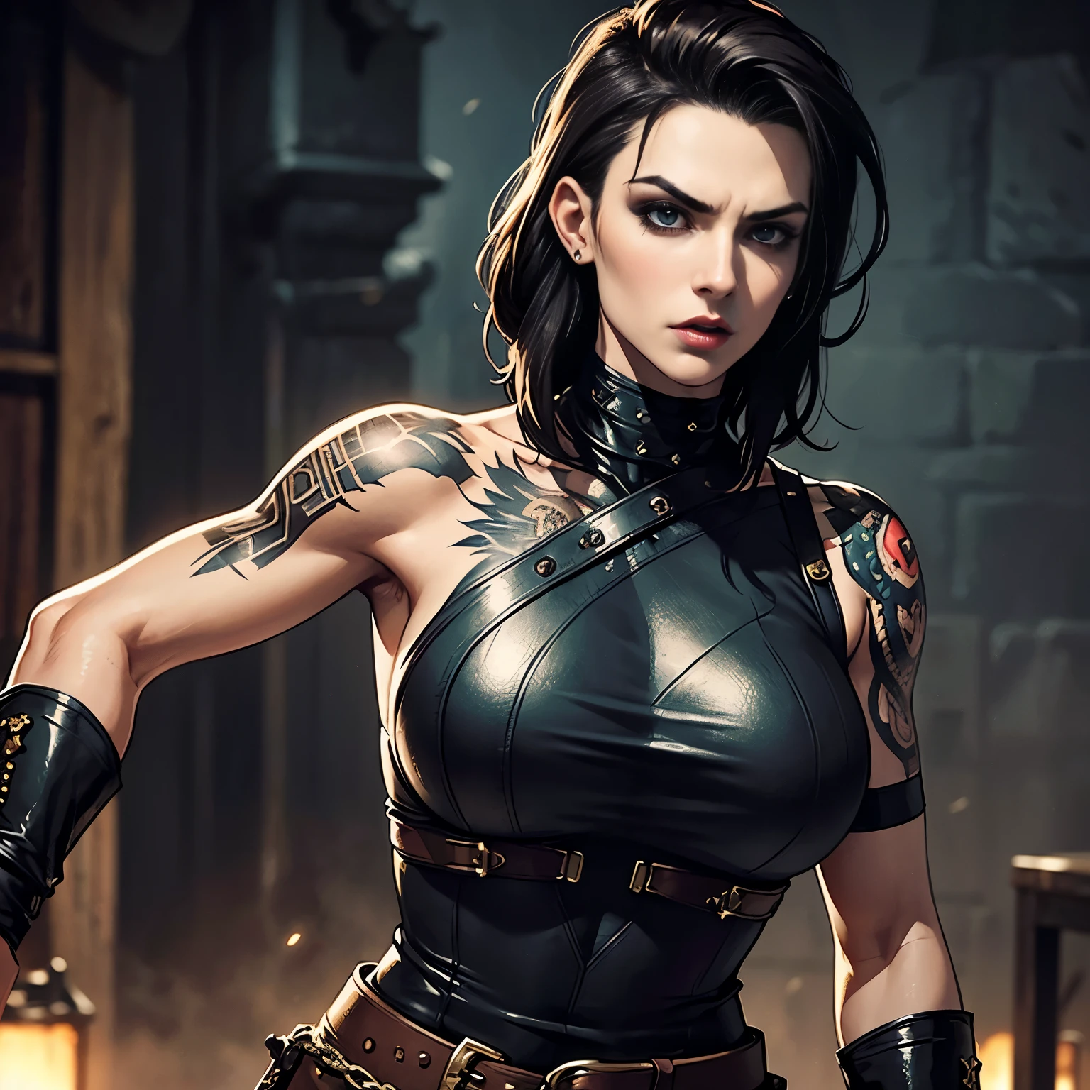 Masterpiece, Hot strong pale woman with dark hair, twenty-five years old, Sidecut Undercut Hairstyle, hot leather warrior, very badass, confident, harsh, powerful, tattoos, medieval fantasy dark setting, dynamic light, intense epic shot
