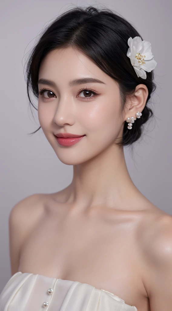1girl,solo,black hair,short hair,jewelry,realistic,earrings,hair ornament,black eyes,lips,collarbone,flower,watermark,upper body,portrait,dress,close_mouth,With pearl earrings,Smile