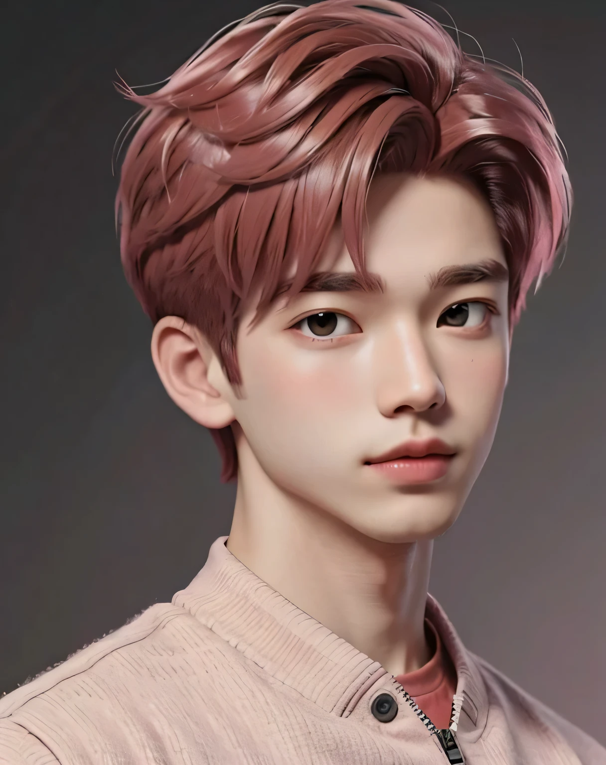 best quality, 1boy, solo, cartoon portrait , background, short hair, pink lips, red hair, wearing red varsity jacket