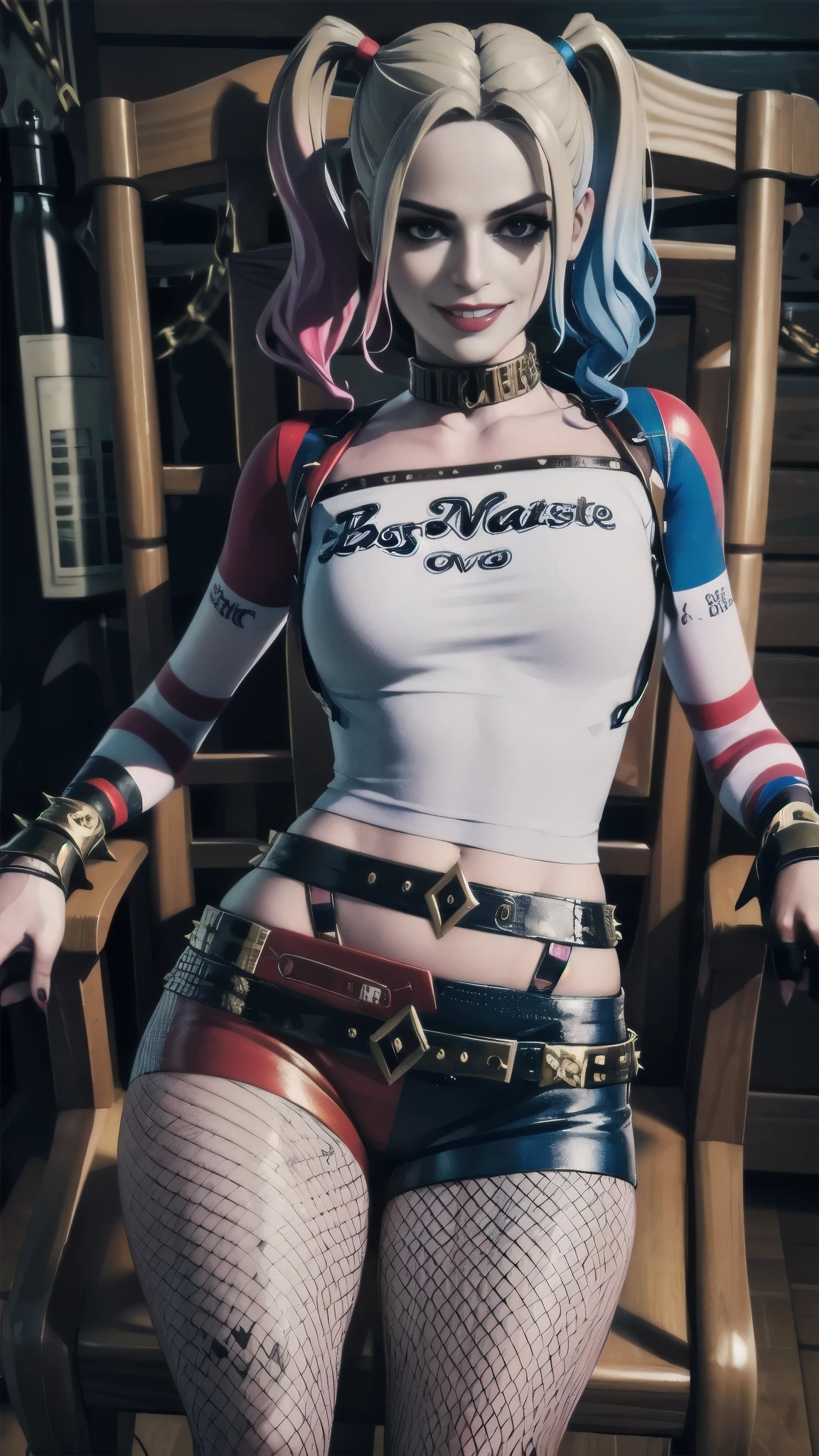 ((masterpiece)), ((best quality)), (Super detailed),((torture chamber)),a girl, 1 girl, alone, (Short Sleeve Shorts Mid Rise Studded Belt Fishnet Chain Gloves Bracelet Supine),(Chains bound arms), ((tied to a torture chair)), BDSM,chaili,restrained,((thin waist)),(((single waist belt))),Beautiful double pony tail colorful gradient hair, beautiful eyes, (beautiful eyes), long hair,Smile,(evil smile face:1.3),looking into camera