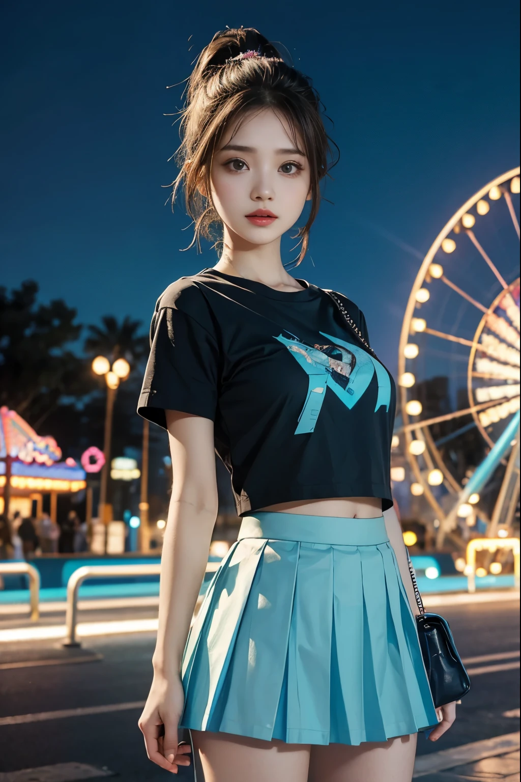 Ribbon hair pin, ideal tits, cyan pleated classic t-shirts with text printed,mini skirt, amusement park in night background