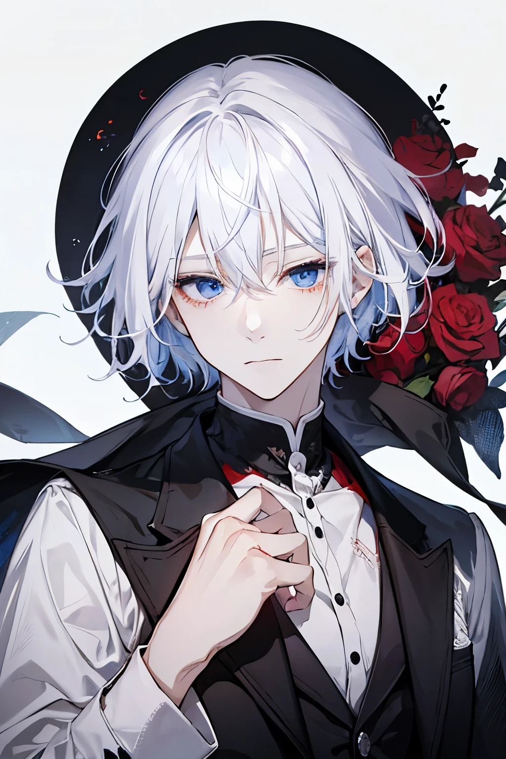 1 male、white hair, black and red formal suit, blue eyes
