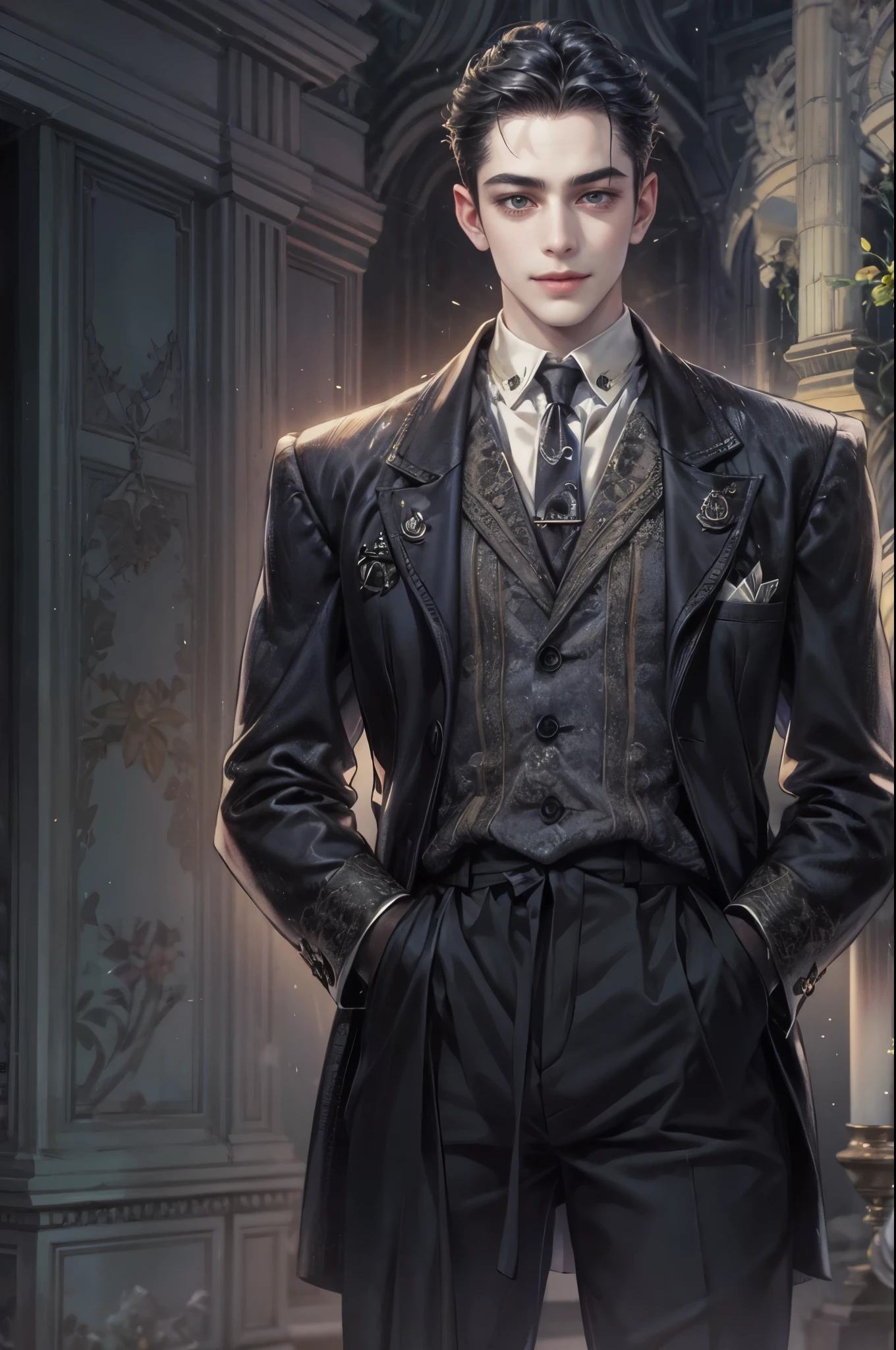 ((Best quality)), ((masterpiece)), (detailed), ((perfect face)), ((halfbody)) handsome face, male, teen boy,  perfect proportions , a male version character from the addams family, short hair, male version, creepy smile, detailed eerie background, detailed eerie scenery 