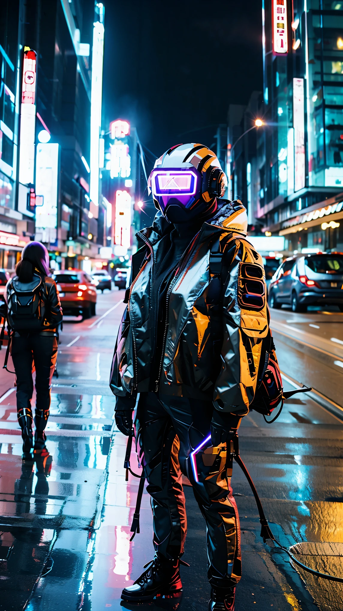 (Good structure),HDR,UHD,8K,1girl,Cyberpunk protective clothing,Cyberpunk gas mask,Cyberpunk protective helmet,A glowing helmet,Neon lights,Neon color,ground vehicle,helmet,night,Mask screen reflection,Oblique side close-up,machinery,Upper body,Cyberpunk,mecha,pilot suit,realistic,retro artstyle,science fiction