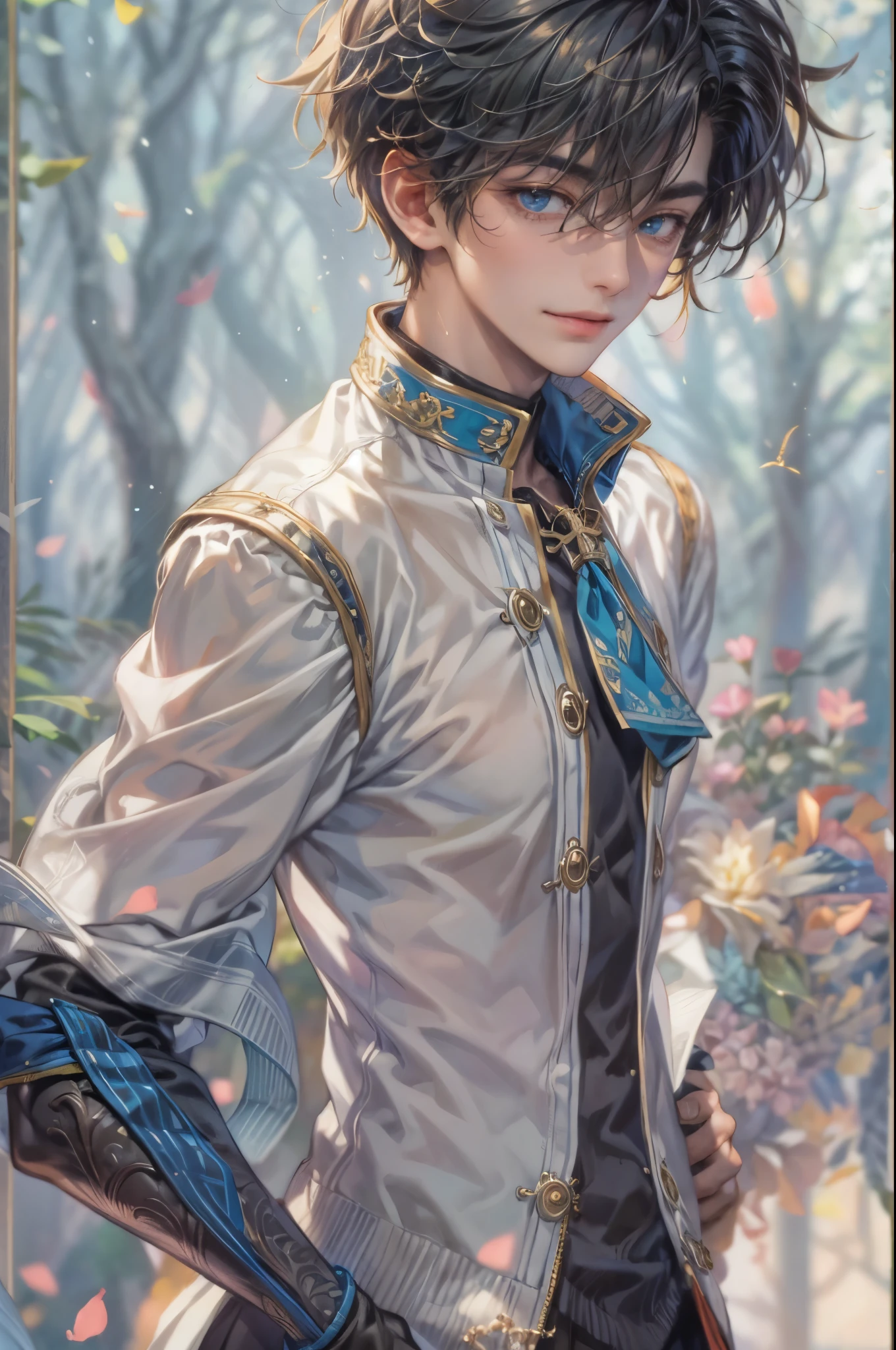 ((Best quality)), ((masterpiece)), (detailed), ((perfect face)), ((halfbody)) handsome face, male, teen boy, perfect proportions , a male version character from tales of the rays, short hair, male version, creepy smile, detailed eerie background, detailed eerie scenery