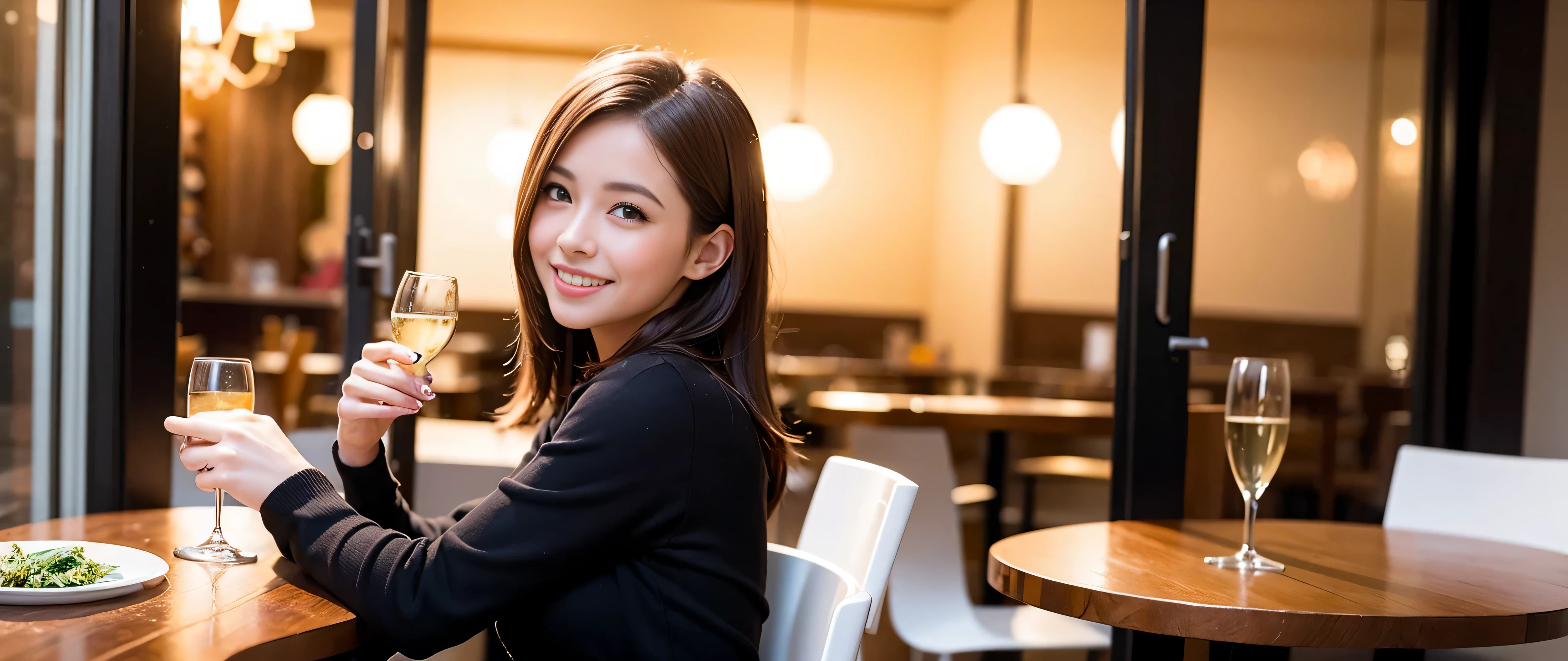 64k, Hmm, highest quality, masterpiece: 1.2), (realistic, photorealistic: 1.37), Super detailed, 3 slim beauties, (slim face),Happy、 the best smile、Fox face、Berry Short、(because I&#39;thin), (brown hair), (shortcut), long sleeve shirt、winter fashion、Colombian、Brazilian、Japanese、Dutch、German、Portuguese、Belgian、Italian、French,Champagne、sparkling wine、 (squirt), (slim body), (brown hair), (shortcut), neat beauty、cheeks turn a little red, (35 years old), 38 years old, alone, A beautiful and detailed night view spreads out outside the window....., restaurant, wine glass is sitting, At night, in a prominent place (from the Upper body) nova frog style, actress, model, Upper body, White wine, slim, wine glass, Very beautiful night view, wine glass Put in the Middle, Happy smile, (smile: 1.15), 