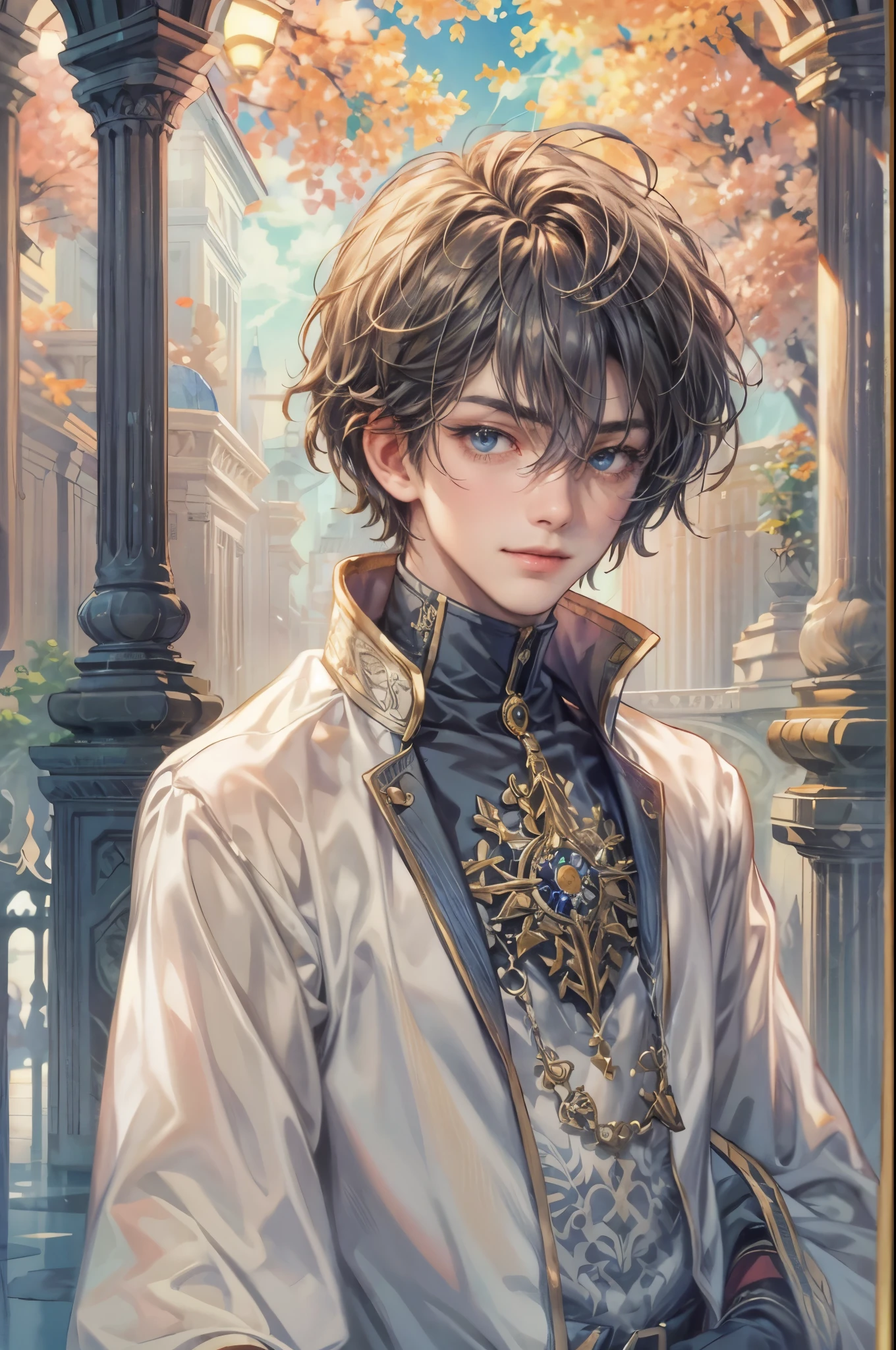 ((Best quality)), ((masterpiece)), (detailed), ((perfect face)), ((halfbody)) handsome face, male, teen boy,  perfect proportions , a male version character from tales of the rays, short hair, male version, creepy smile, detailed eerie background, detailed eerie scenery 
