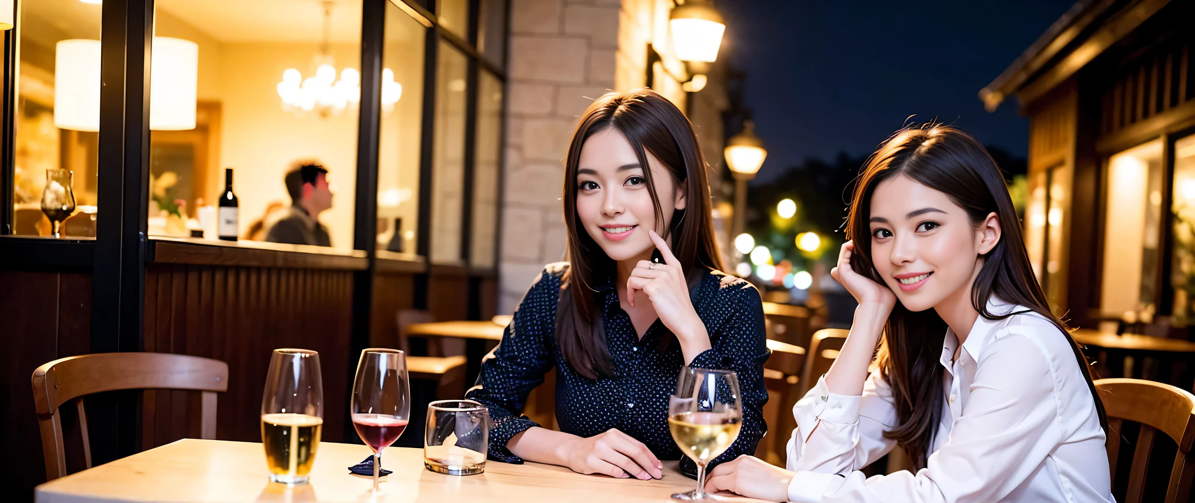 64k, Hmm, highest quality, masterpiece: 1.2), (realistic, photorealistic: 1.37), Super detailed, 3 slim beauties, (slim face),Happy、 the best smile、Fox face、Berry Short、(because I&#39;thin), (brown hair), (shortcut), long sleeve shirt、winter fashion、Colombian、Brazilian、Japanese、Dutch、German、Portuguese、Belgian、Italian、French,Champagne、sparkling wine、 (squirt), (slim body), (brown hair), (shortcut), neat beauty、cheeks turn a little red, (35 years old), 38 years old, alone, A beautiful and detailed night view spreads out outside the window....., restaurant, wine glass is sitting, At night, in a prominent place (from the Upper body) nova frog style, actress, model, Upper body, White wine, slim, wine glass, Very beautiful night view, wine glass Put in the Middle, Happy smile, (smile: 1.15), 