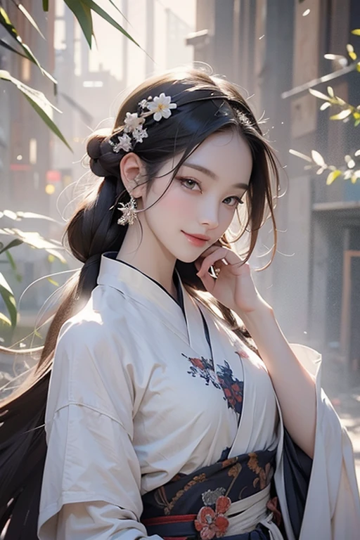 (masterpiece, top quality, best quality, official art, beautiful and aesthetic:1.2), (1girl), extreme detailed,(abstract, fractal art:1.3),highest detailed, detailed_eyes, light_particles, hanfu,jewelry, sexy, best quality, high detail 8k resolution, exquisite sharp facial features, perfect face shape, real skin, falling snowflakes, full body photography, beautiful and delicate eyes, smiling eyes