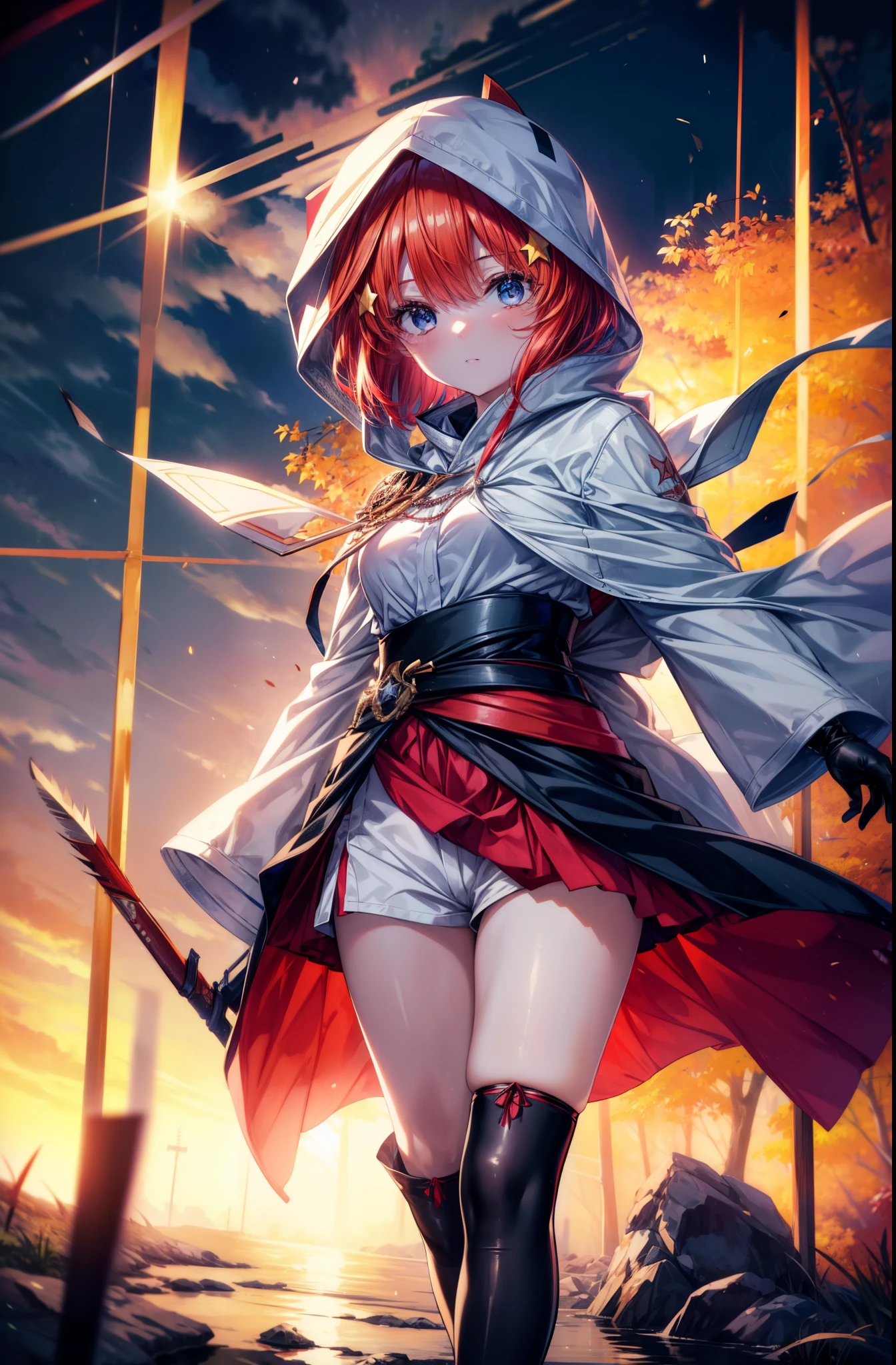 itsukinakano, Itsuki Nakano, bangs, blue eyes, hair between eyes, redhead, star \(symbol\), hair ornaments, star hair ornaments,hood up,short hair,carry a bow on one's shoulders,Wear a box containing arrows on your waist, asymmetrical clothes, boots, cloak,gloves, red Thighhighs, high heels, shorts, Thighhighs,So that the whole body goes into the illustration,walking,
break outdoors, forest,forest林, (cowboy shot:1. 5)
break (masterpiece:1.2), highest quality, High resolution, unity 8k wallpaper, (figure:0.8), (detailed and beautiful eyes:1.6), highly detailed face, perfect lighting, Very detailed CG, (perfect hands, perfect anatomy),