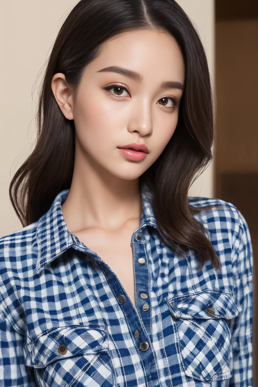 denim pants、Gingham plaid shirt、pumps、detailed face、lip details、detailed eye、Glossy skin、one person