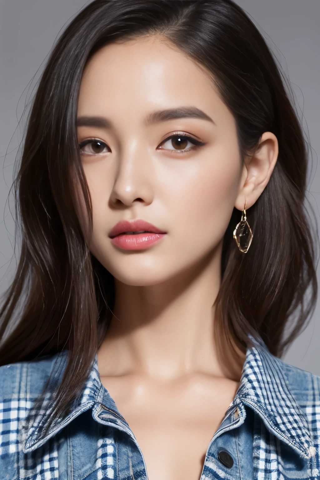 denim pants、Gingham plaid shirt、pumps、detailed face、lip details、detailed eye、Glossy skin、one person