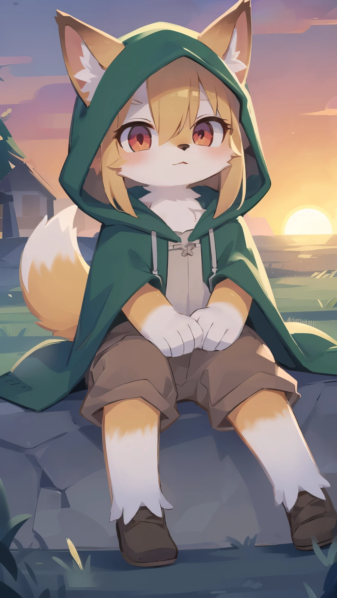 chibi, shota the fox, was hairy, shaggy, skin fur, smooth lashes, golden fur, forelimb hands, straight long blonde hair, solid circle eyes, golden ears, golden fur, golden facial fur, shiny hair, red eyes, super cute face, 1fox tail, fluffy tail, furry tail, glowing eyes, green coat green hood down, brown trousers, sitting, ambient light, ultra-fine fur, dashed eyes, full body, masterpiece, high quality, high-details, best quality, wide short, (((solo))), twilight, sun light, red sky, rim light