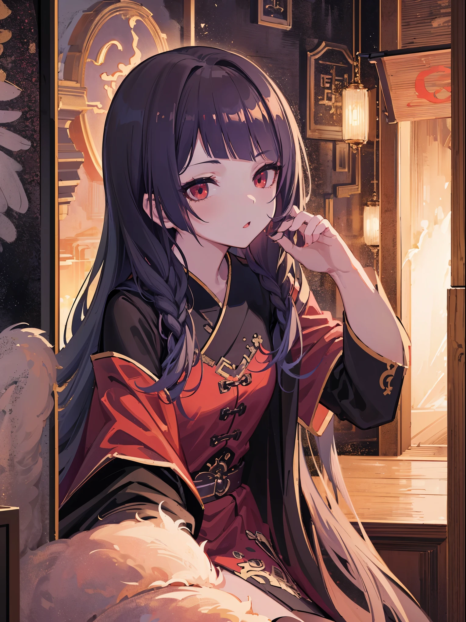(extremely detailed 8K wallpaper),(ultra-detailed),(best quality),(masterpiece),(highly detailed),(cinematic lighting),(Original),Cold ligh，moody,(Chinese elaborate-style painting ),ink style,1girl,(li),solo,beautiful girl，long black hair，((red eyes))