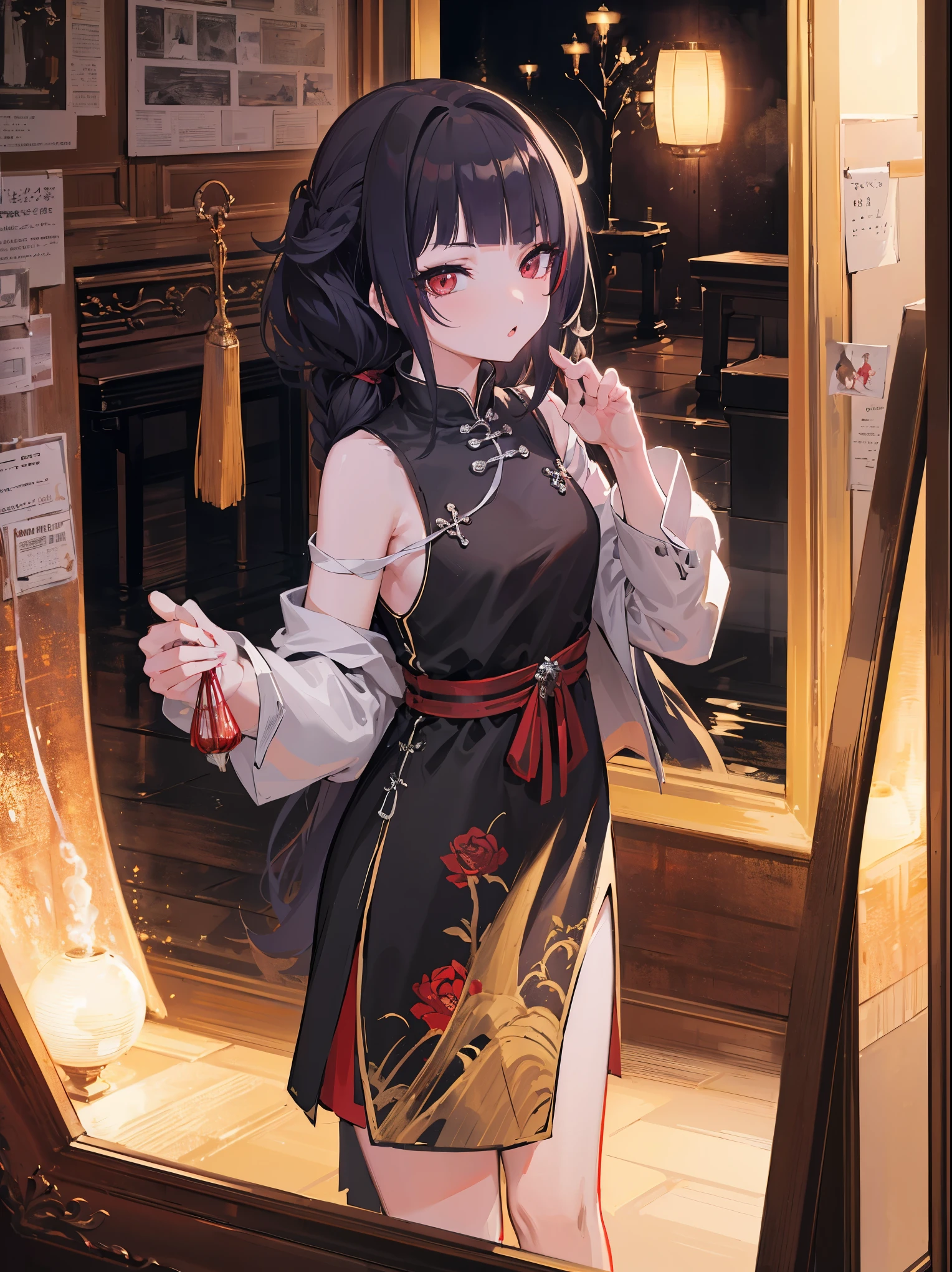 (extremely detailed 8K wallpaper),(ultra-detailed),(best quality),(masterpiece),(highly detailed),(cinematic lighting),(Original),Cold ligh,moody,(Chinese elaborate-style painting ),ink style,1girl,(li),solo,beautiful girl,long black hair,((red eyes))