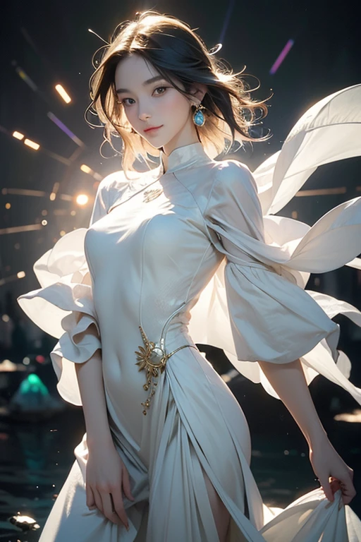 best quality, masterpiece, beautiful and aesthetic, 16K, (HDR:1.4), high contrast, bokeh:1.2, lens flare, (vibrant color:1.4), (muted colors, dim colors, soothing tones:0), cinematic lighting, ambient lighting, sidelighting, Exquisite details and textures, cinematic shot, Warm tone, (Bright and intense:1.2), wide shot, by playai, ultra realistic illustration, siena natural ratio, anime style, random angles, random poses, long length layered bob cut, (a charming smile:1), white velvet gown, a beautiful Spanish girl with a tattoo, icy eyeshadow, Pale skin, a small earrings, Artwork by h. r. giger and beksinski, biomimetic, fluidics made from algae and bioluminescent material, holographic sea, silver and gold ratio, chrome, panoramic, Mandelbrot set, Fibonacci sequence, Pi, beautiful , stunning, masterpiece, 8k, art station trend, neon , light, Broken Glass effect, no background, stunning, something that even doesn't exist, mythical being, energy, molecular, textures, iridescent and luminescent scales, breathtaking beauty, pure perfection, divine presence, unforgettable, impressive, breathtaking beauty, Volumetric light, auras, rays, vivid colors reflects, reflections, water splash
