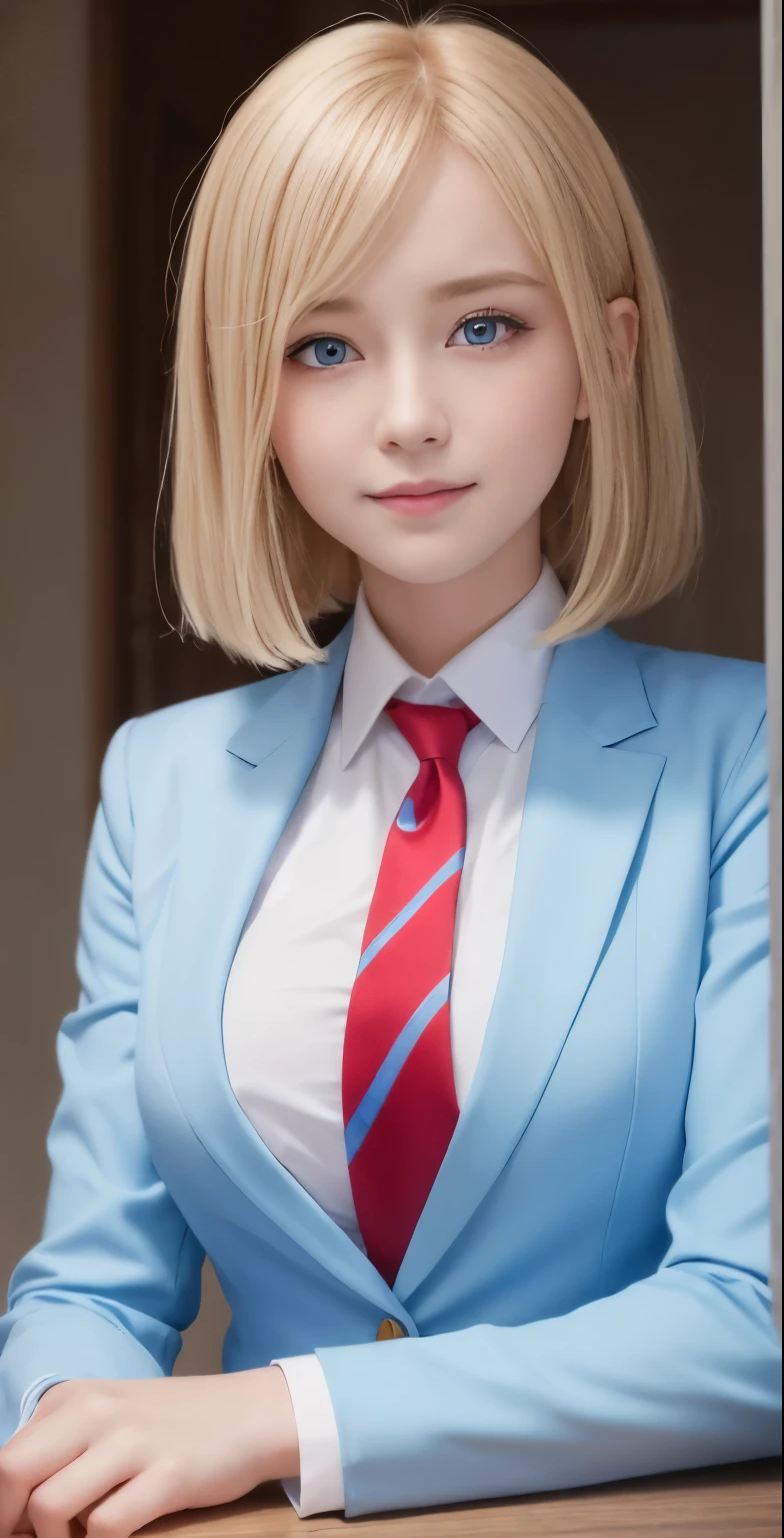 table top、highest quality、 super detailed、High resolution、8k wallpaper、perfect dynamic composition,、detailed and beautiful eyes、(beautiful breasts:1.1) 、blue blazer、white shirt、red tie、 girl、1 girl、beautiful girl、blonde hair、short hair、blue eyes、blue eyes、blue eyes、babyle、smile