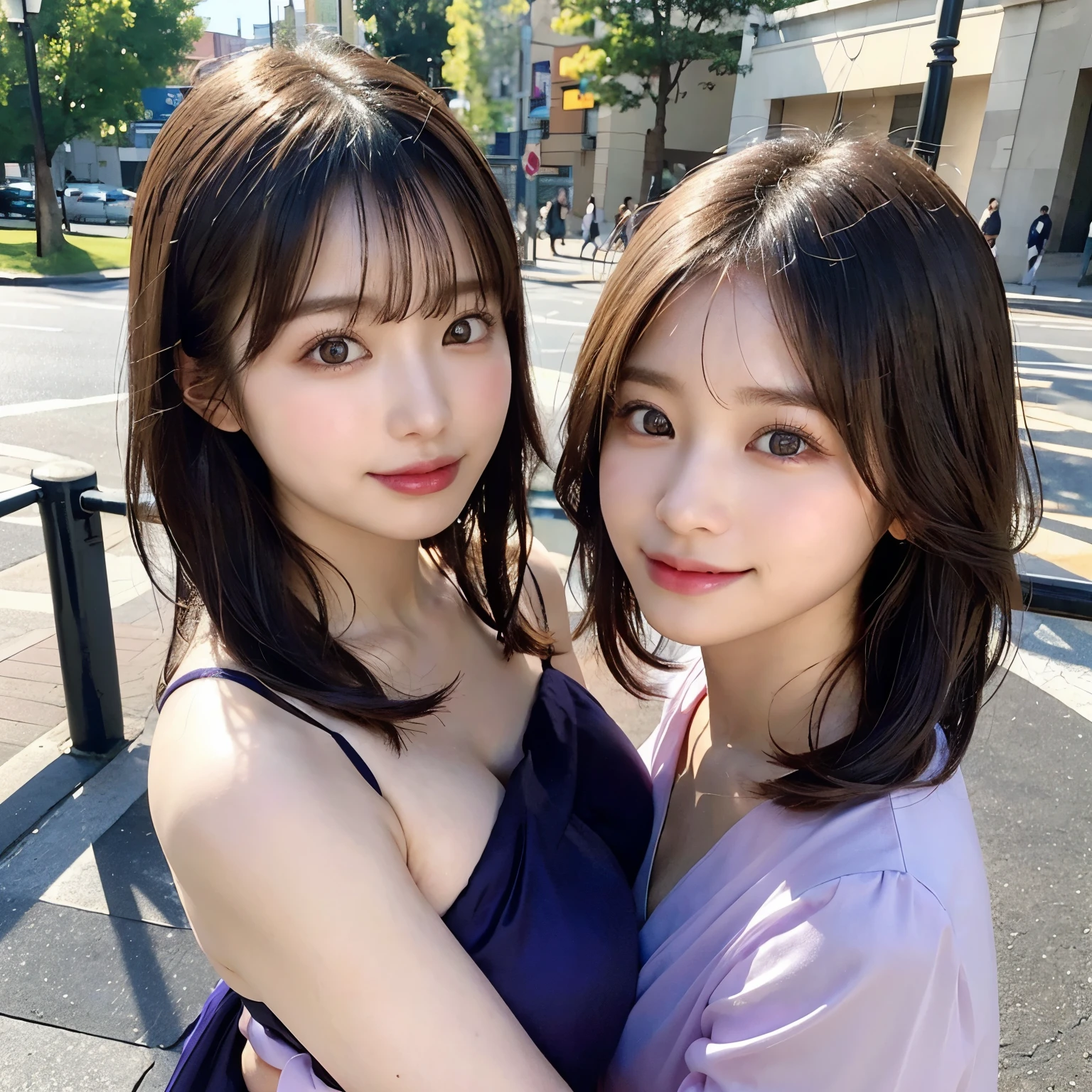 22 year old Japanese woman、very beautiful woman、1 woman、big beautiful eyes、beautiful nose、Fashionable hairstyle、black hair、big breasts、at the park、(muste piece, best quality, It's photorealistic, High resolution, photograph, :1.1)、real looking skin, porcelain skin,(dynamic lighting, reality, Super realistic, reality的な詳細な) , fine texture、Cute smile showing teeth、big breasts、In a stylish royal purple dress