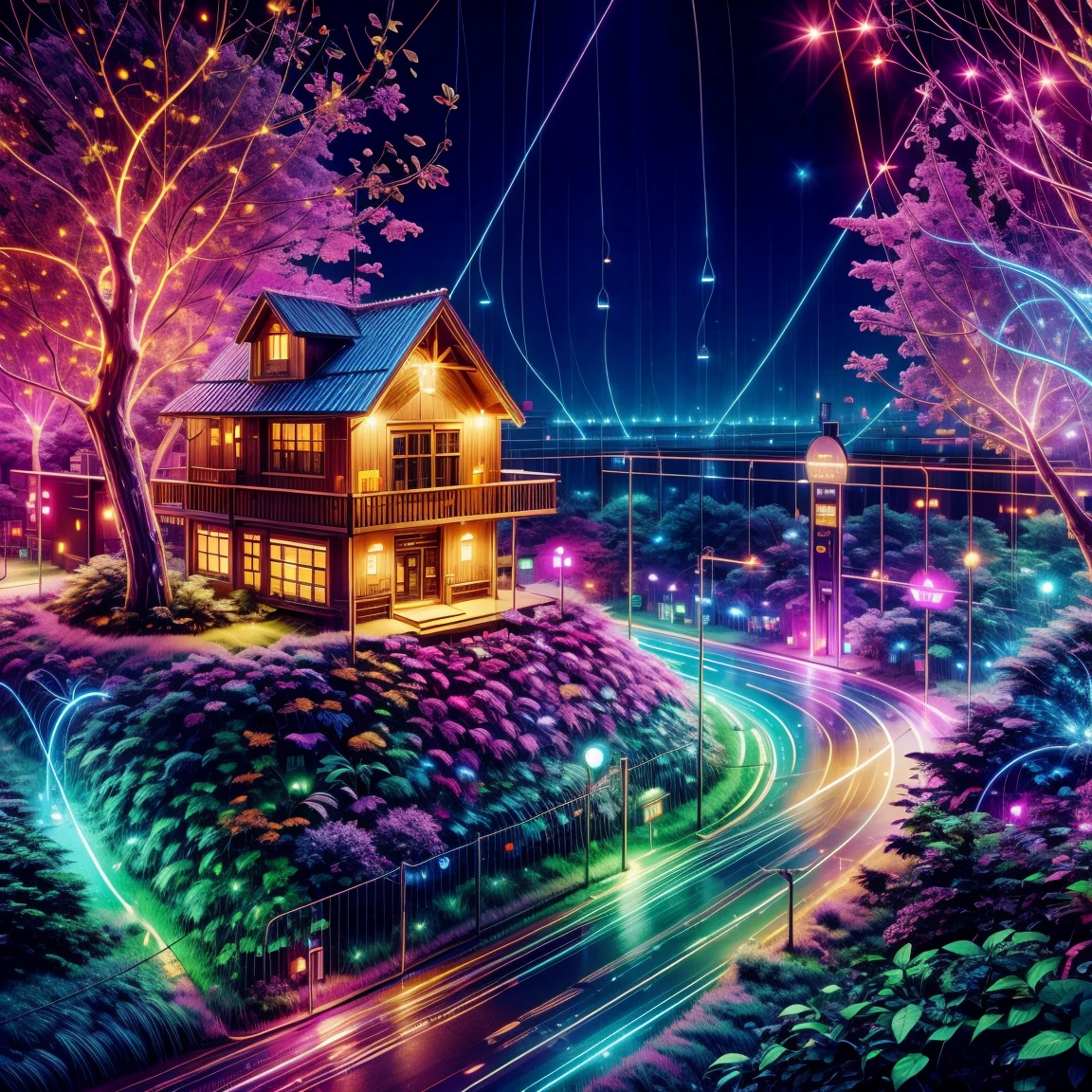 Village illuminated by neon lights,glowing animals and plants,Houses are circuit boards,Street lamps flow with liquid light,((Aerial viewing angle:1.5))
