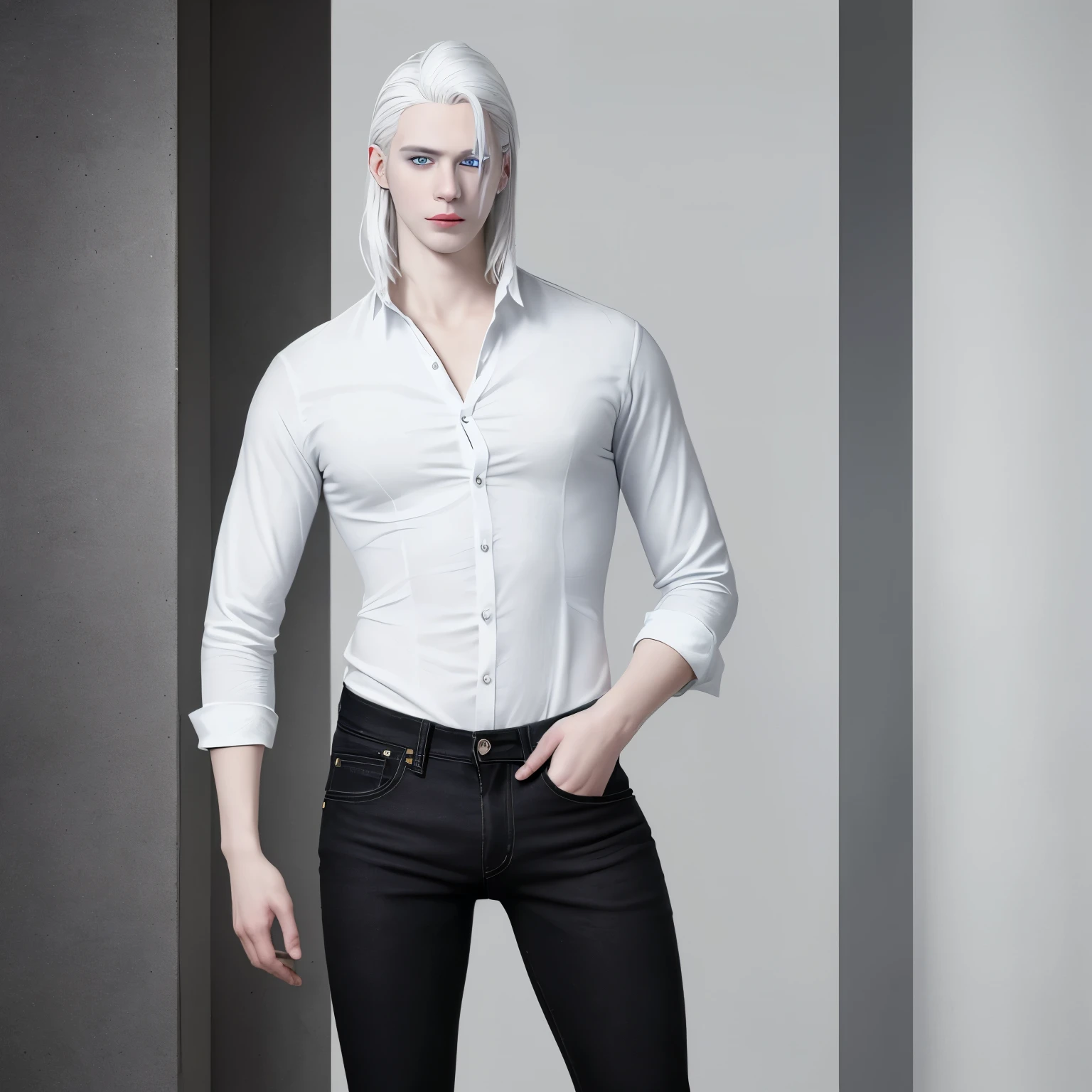 Young man, 28 years old, white hair, white skin, blue eyes, wearing black jeans, 190 cm tall.