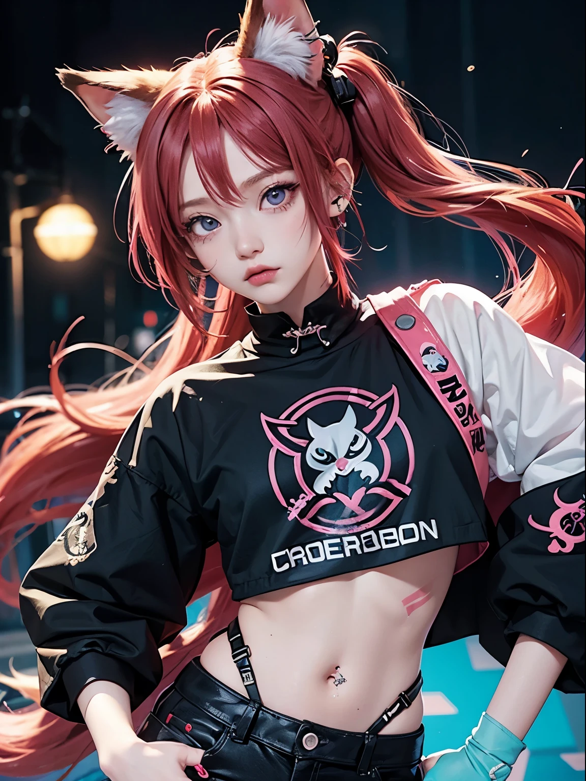 Male 1, neon red hair, moonlight eyes, fox ear, tattoo sleeves and piercings ((Anime style)), Harajuku-inspired hip-hop clothing, soft colors, neon paint splattered background, Soft stroke