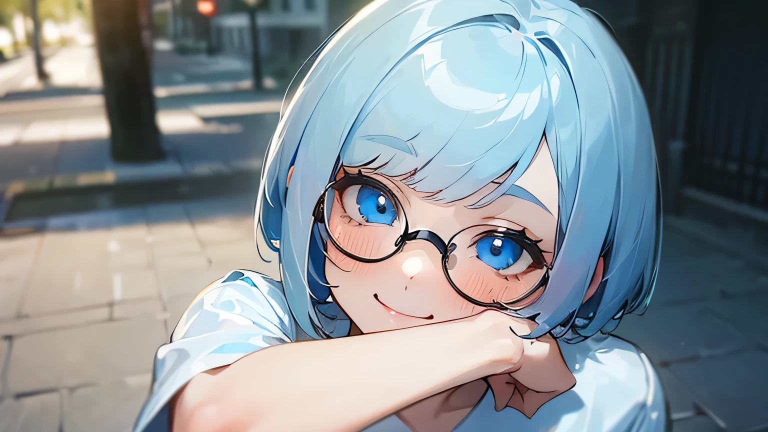 (masterpiece:1.3), (highest quality:1.3), High resolution, (1 cute girl:1.3), alone, white skin, eight-headed person, light blue hair, (bob hair:1.2), (short hair:1.2), (dull bangs:1.2), beautiful hair, blue eyes, thin and beautiful eyes, blush, open your mouth, heart, cheerful smile, suit, outdoors, busy street, shadow lighting, Glasses, smug face