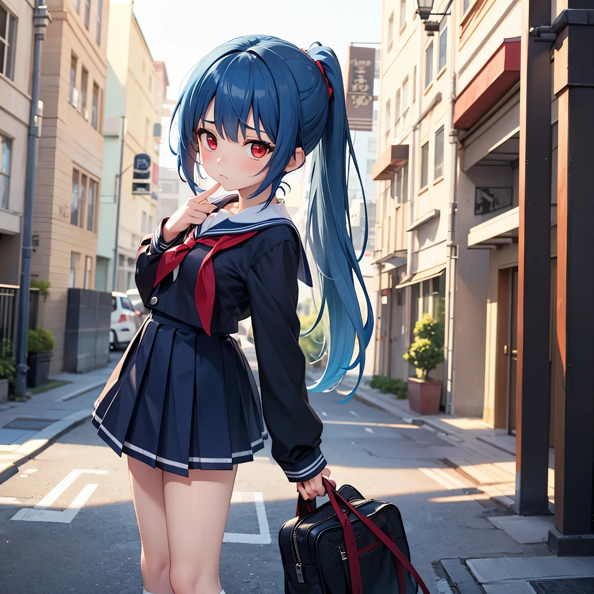 1girl, only one girl, blue hair, red eyes, sailor uniform, sad, looked at viewer, ponytail hairstyle, at school area