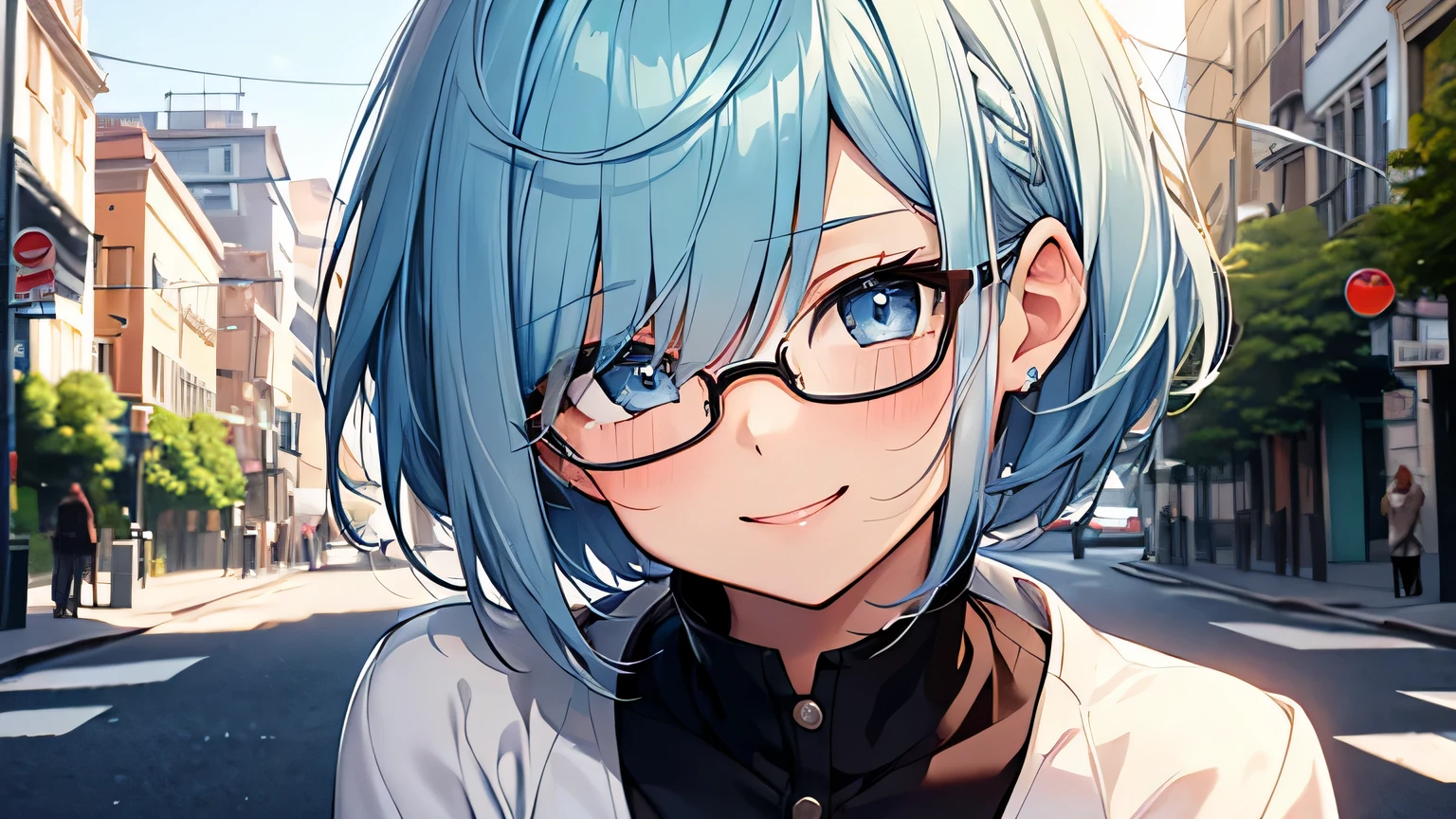 (masterpiece:1.3), (highest quality:1.3), High resolution, (1 cute girl:1.3), alone, white skin, eight-headed person, light blue hair, (bob hair:1.2), (short hair:1.2), (dull bangs:1.2), beautiful hair, blue eyes, thin and beautiful eyes, blush, open your mouth, heart, cheerful smile, suit, outdoors, busy street, shadow lighting, Glasses, smug face